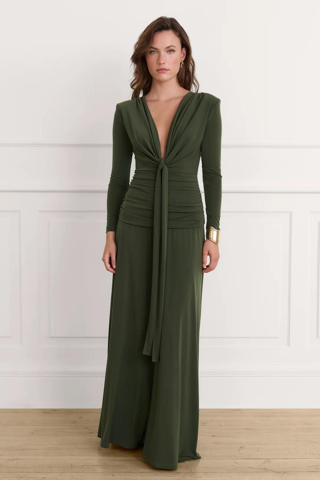 Swing Collar Gathering Long Sleeve Maxi Dress