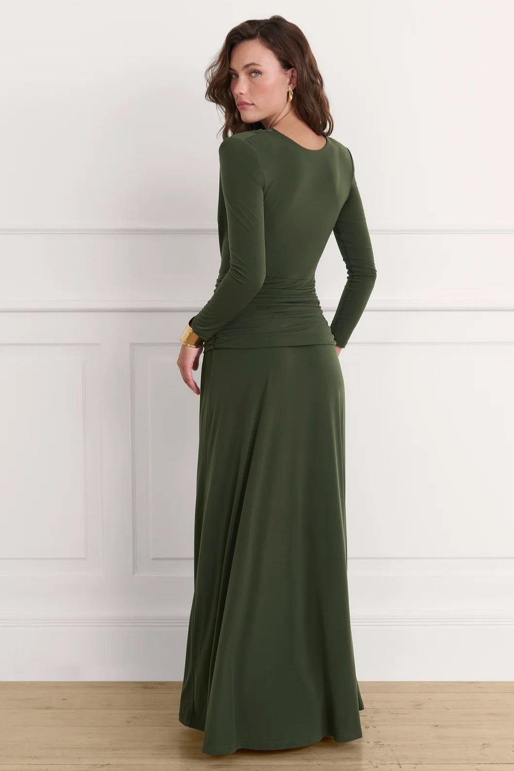 Swing Collar Gathering Long Sleeve Maxi Dress