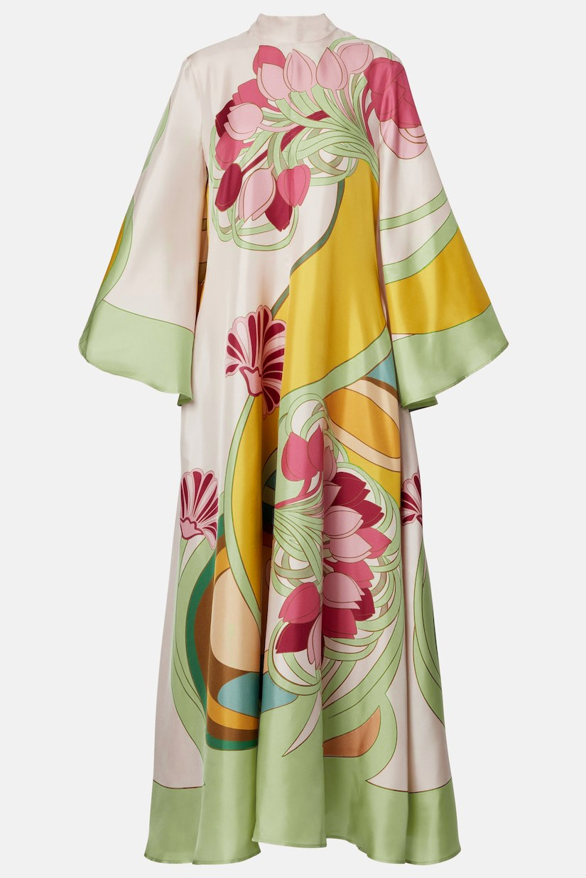 Satin Paisley Print  Bell Sleeve Midi Dress