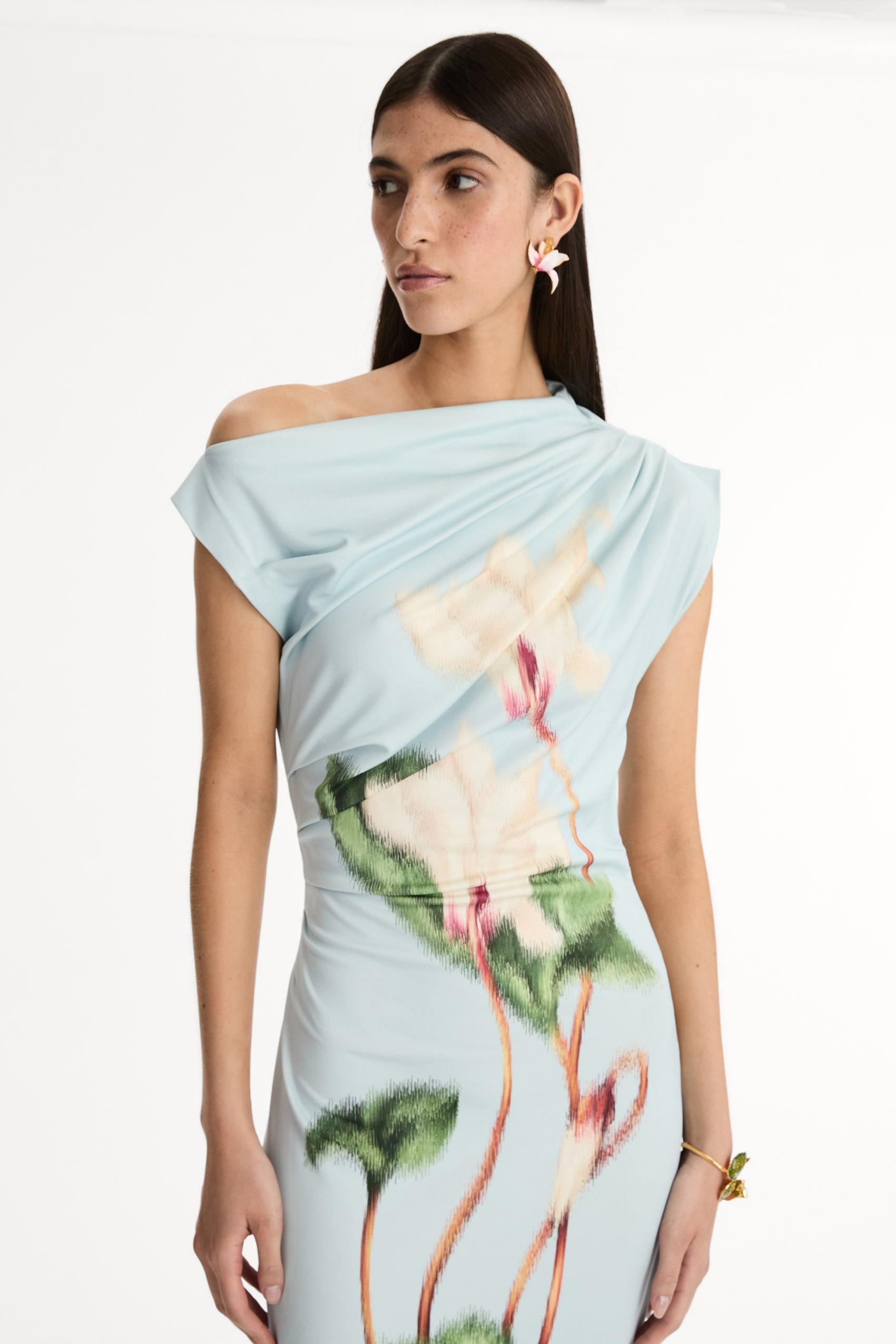Jersey Floral Skew Collar Midi Dress