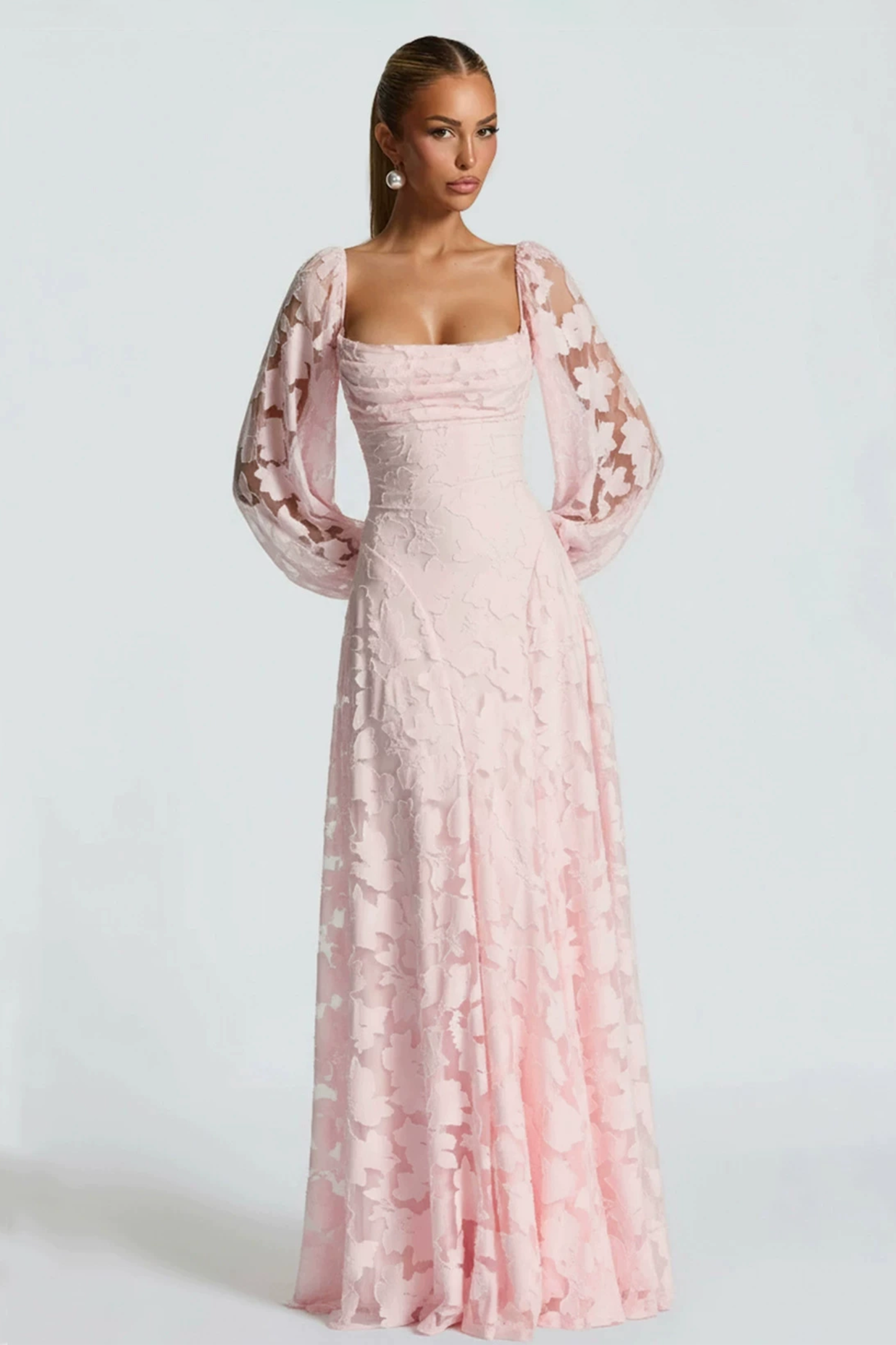 Burn-Out Ruched Lantern Sleeve Maxi Dress