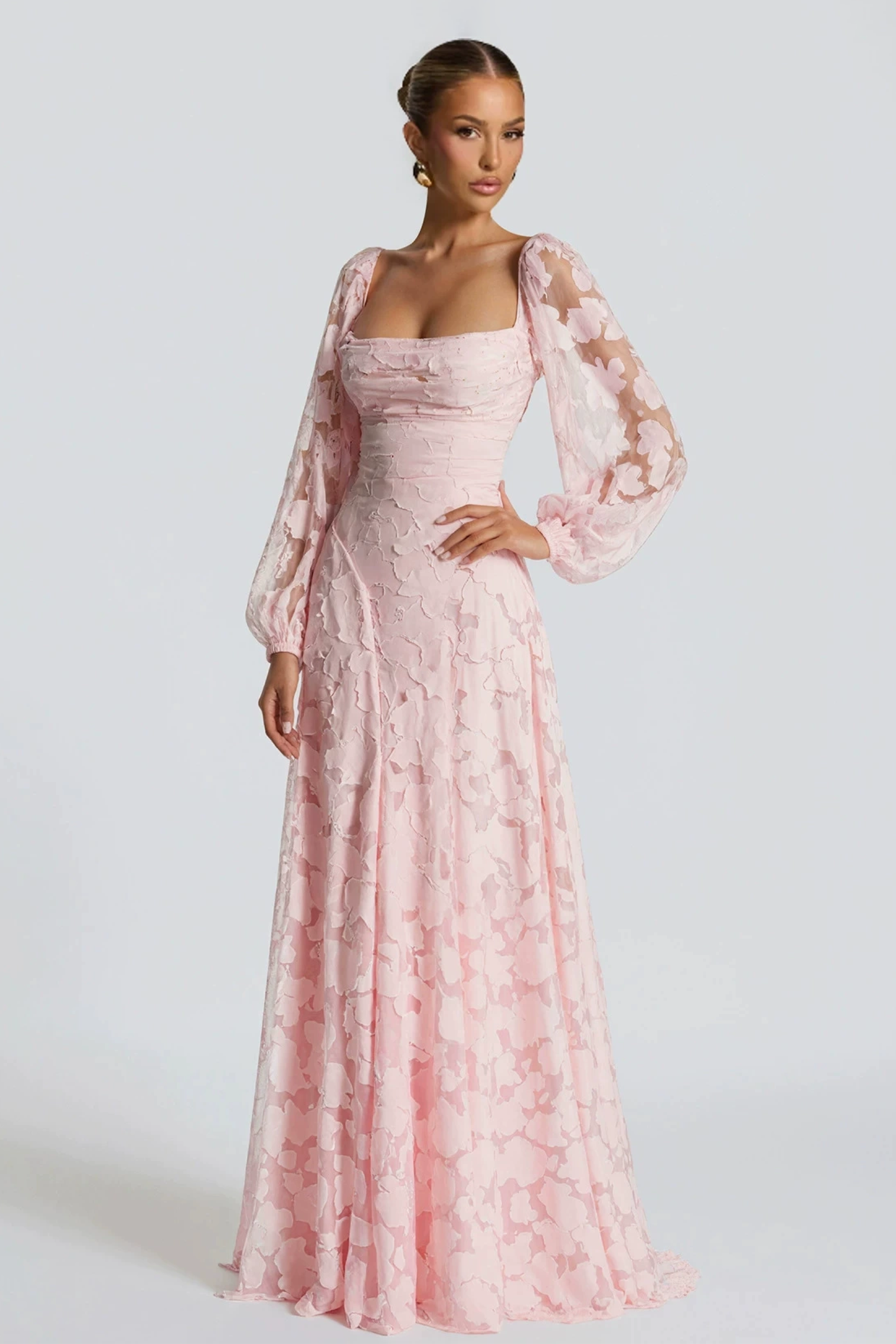 Burn-Out Ruched Lantern Sleeve Maxi Dress