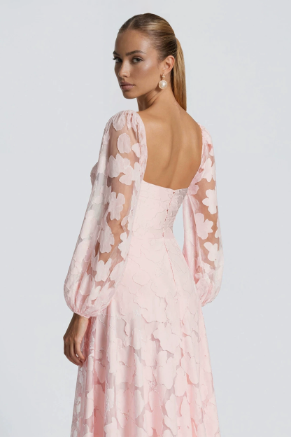Burn-Out Ruched Lantern Sleeve Maxi Dress