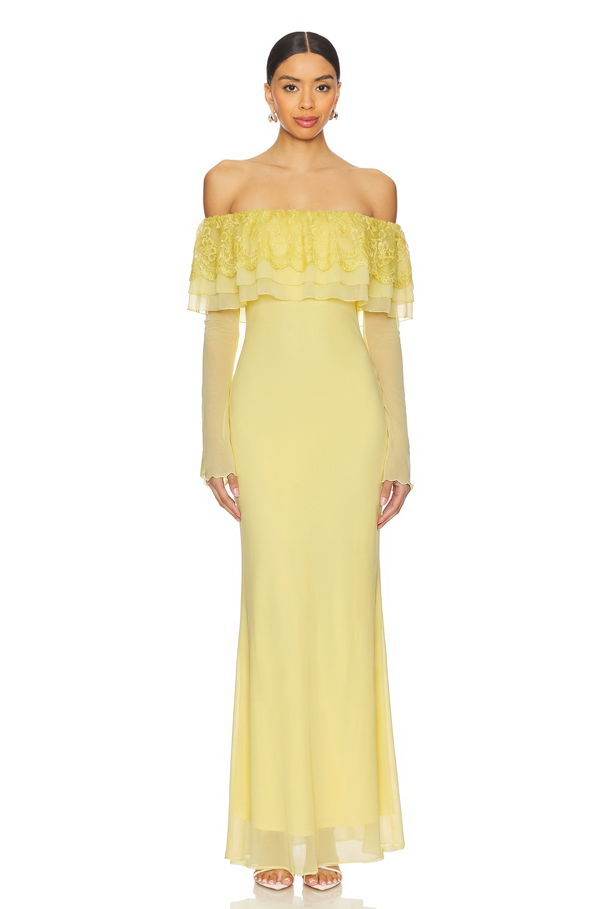 Lace Off Shoulder Ruffle Midi Dress