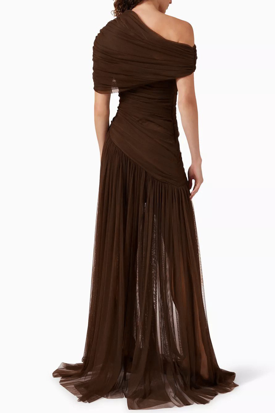 Solid Skew Collar Gathering Maxi Dress
