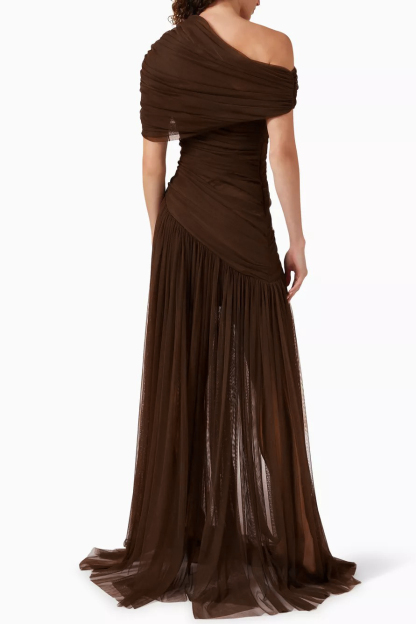 Solid Skew Collar Gathering Maxi Dress