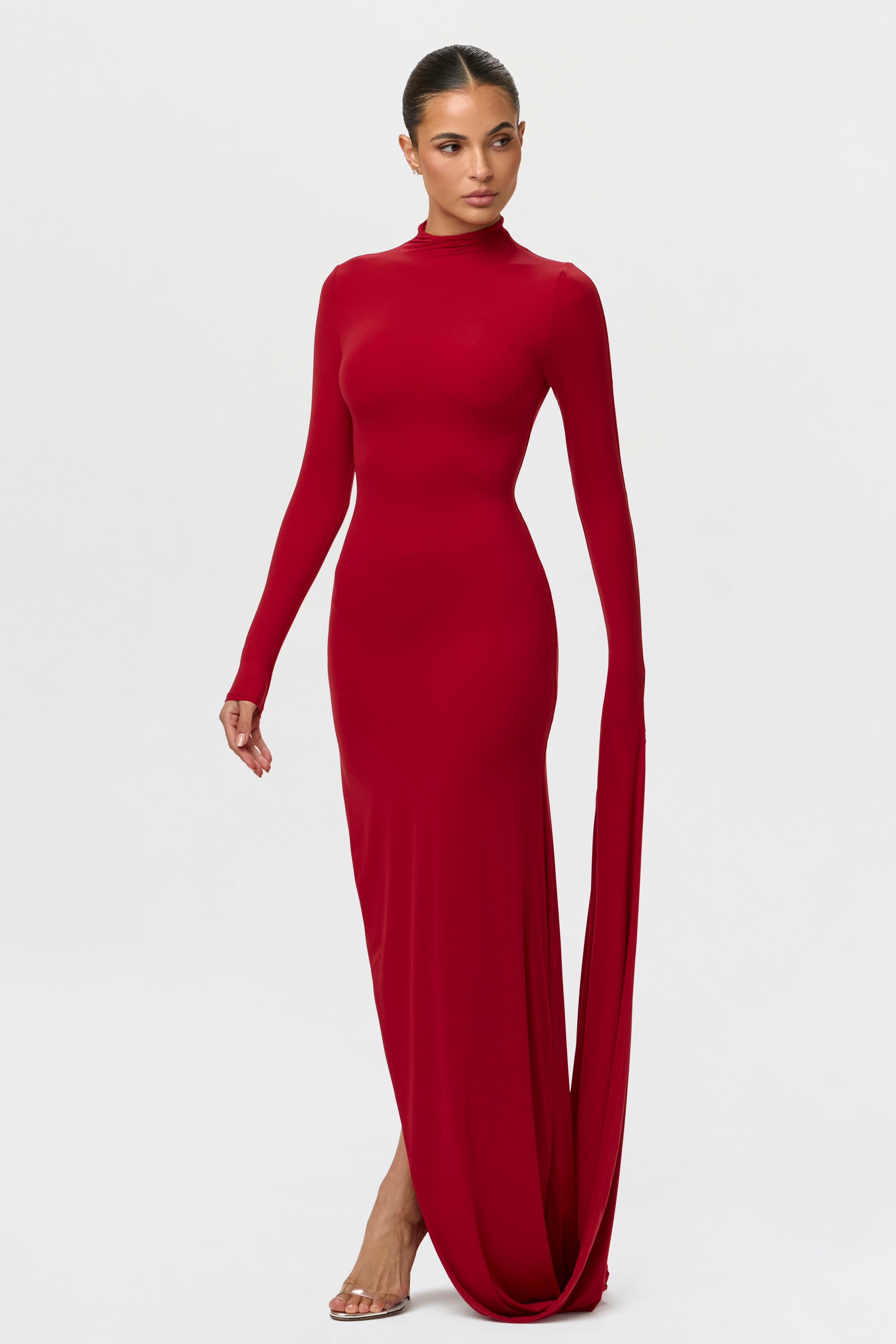 Solid High Neck Draped Sleeve Maxi Dress