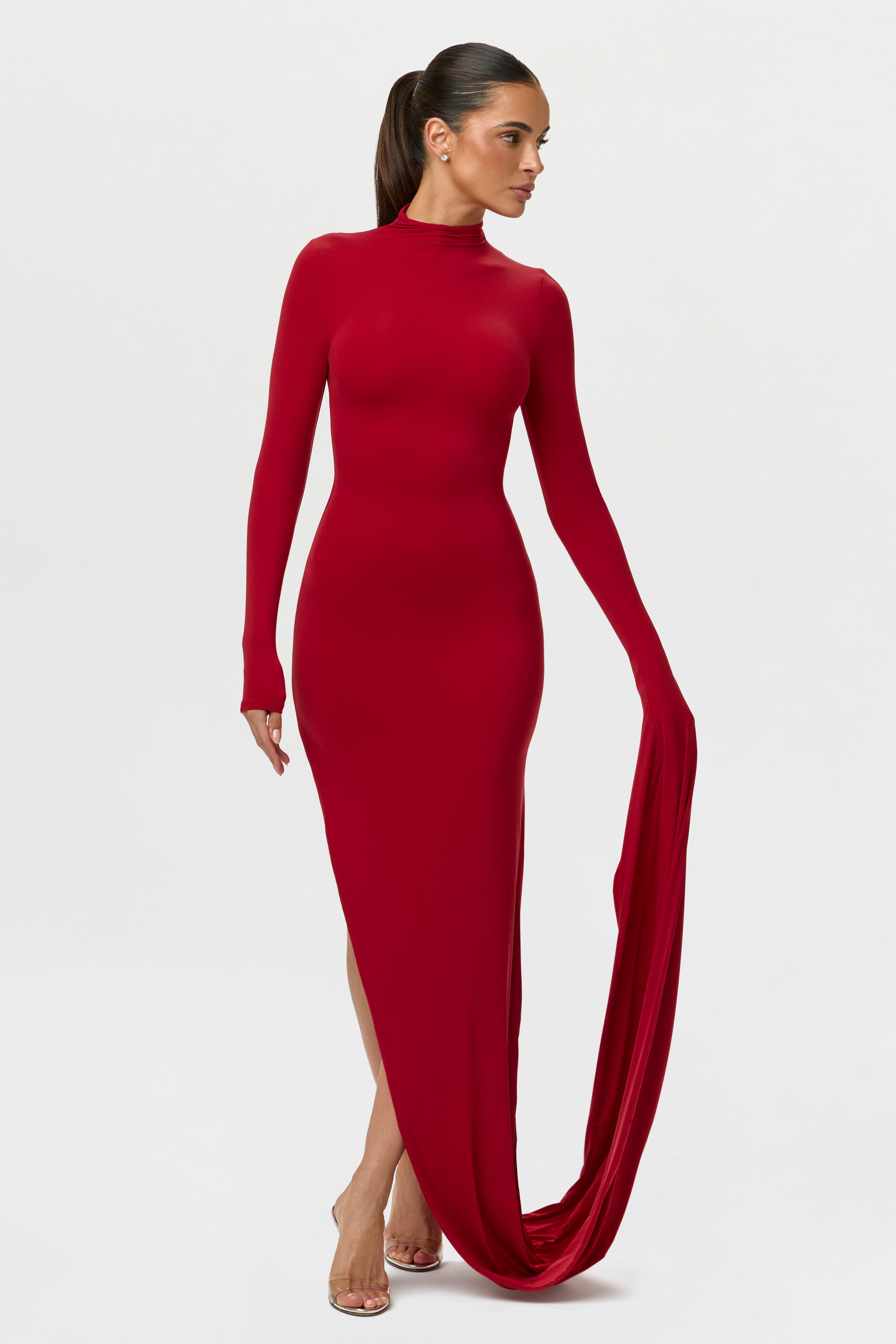 Solid High Neck Draped Sleeve Maxi Dress