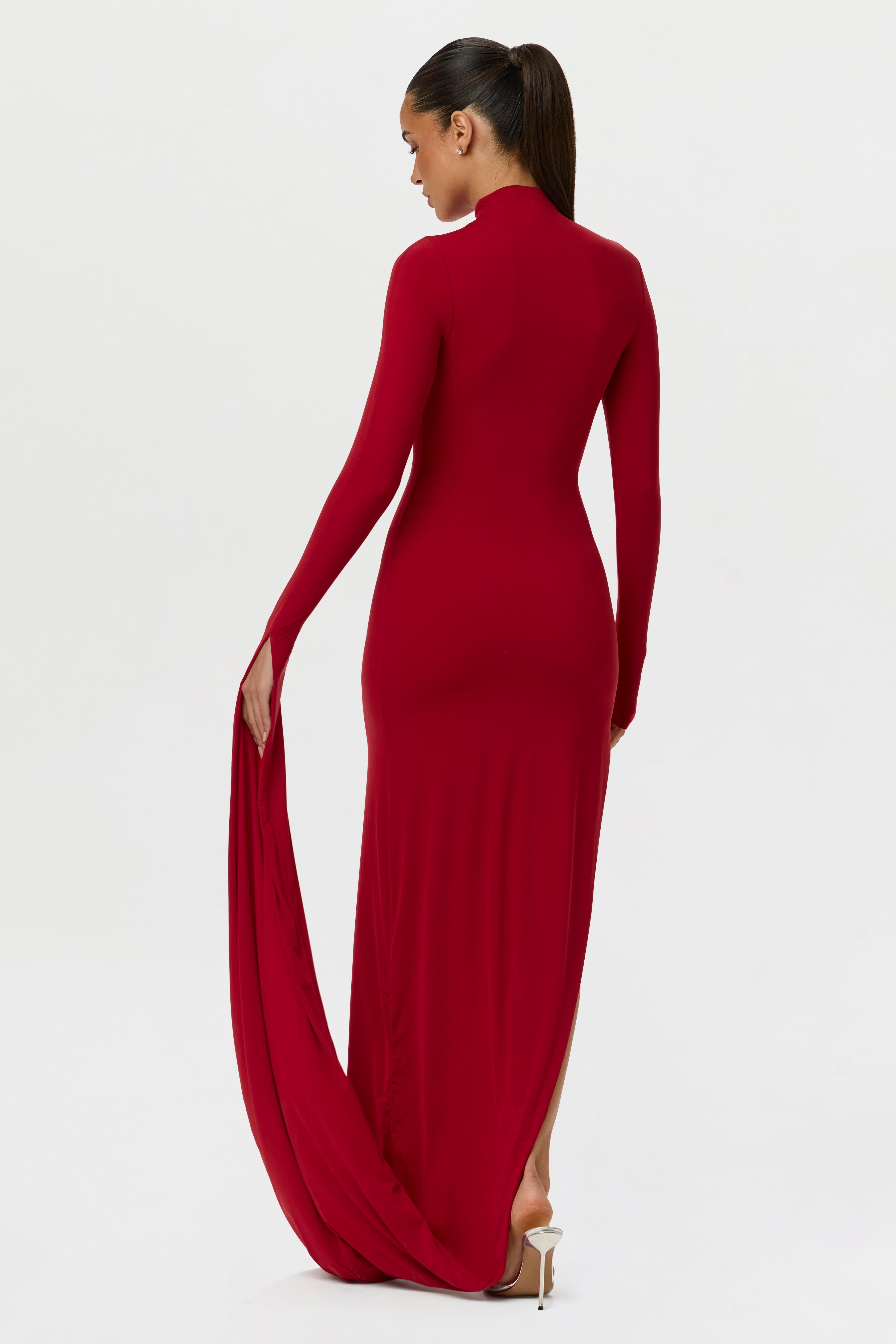 Solid High Neck Draped Sleeve Maxi Dress
