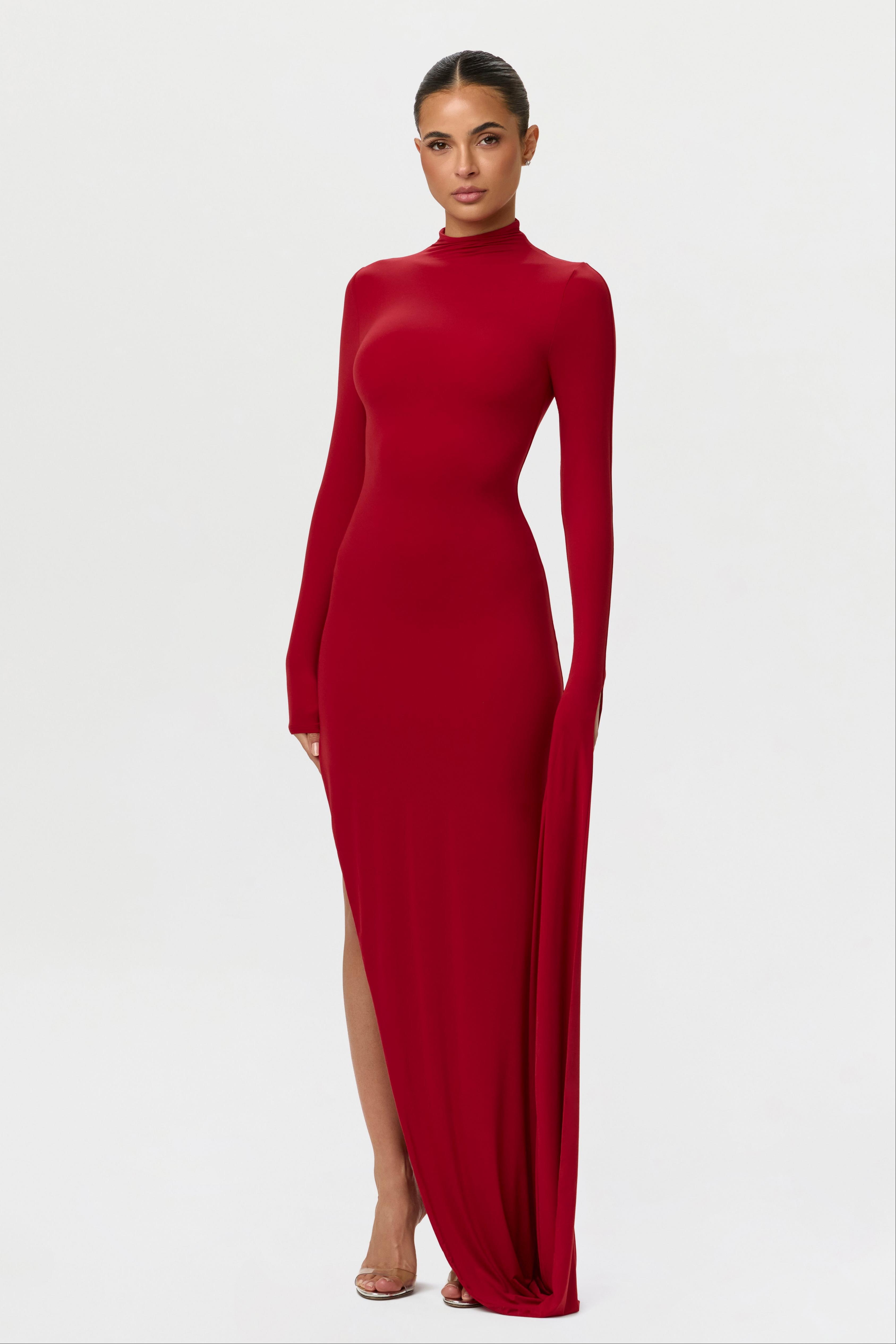 Solid High Neck Draped Sleeve Maxi Dress