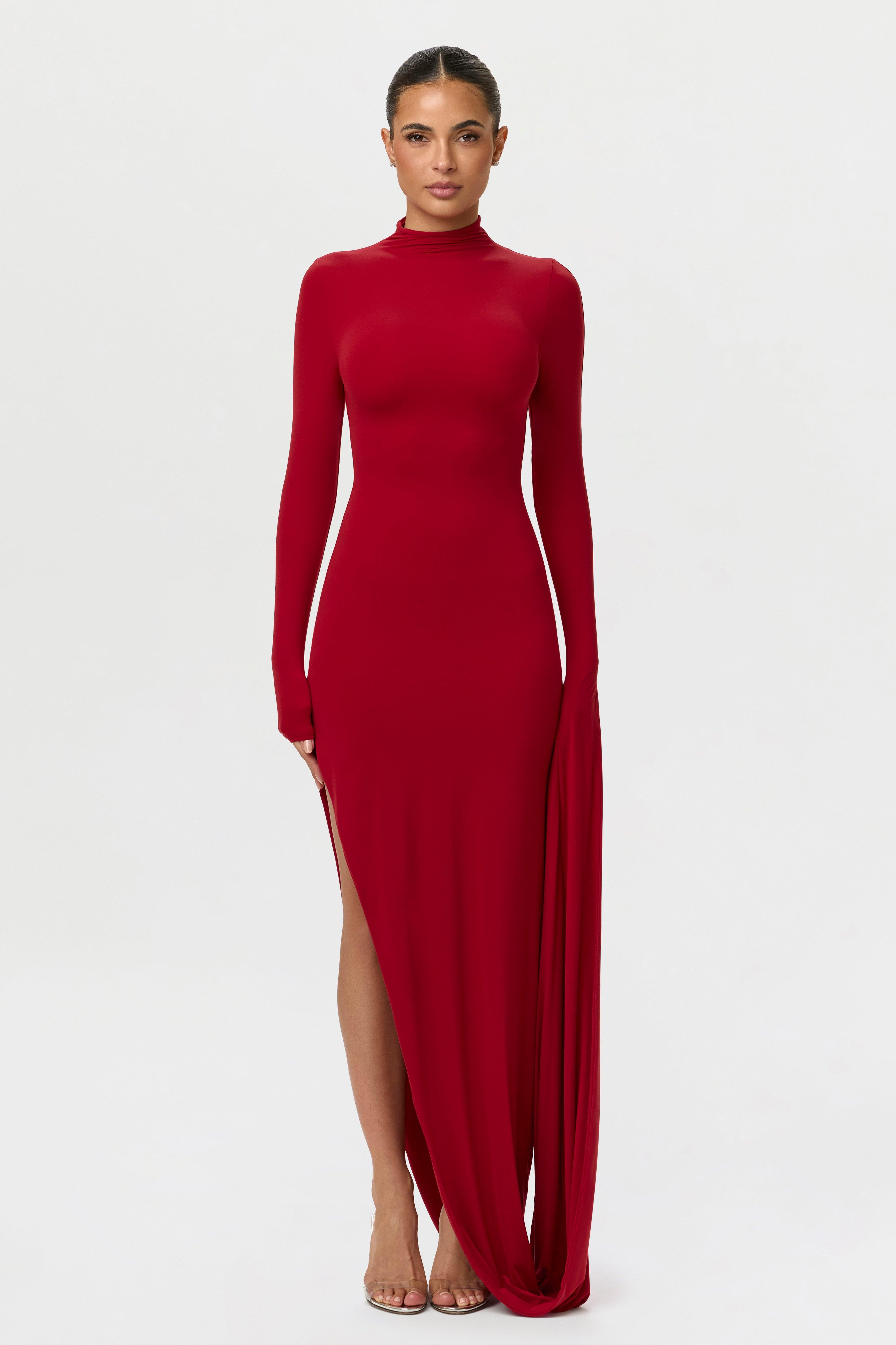 Solid High Neck Draped Sleeve Maxi Dress