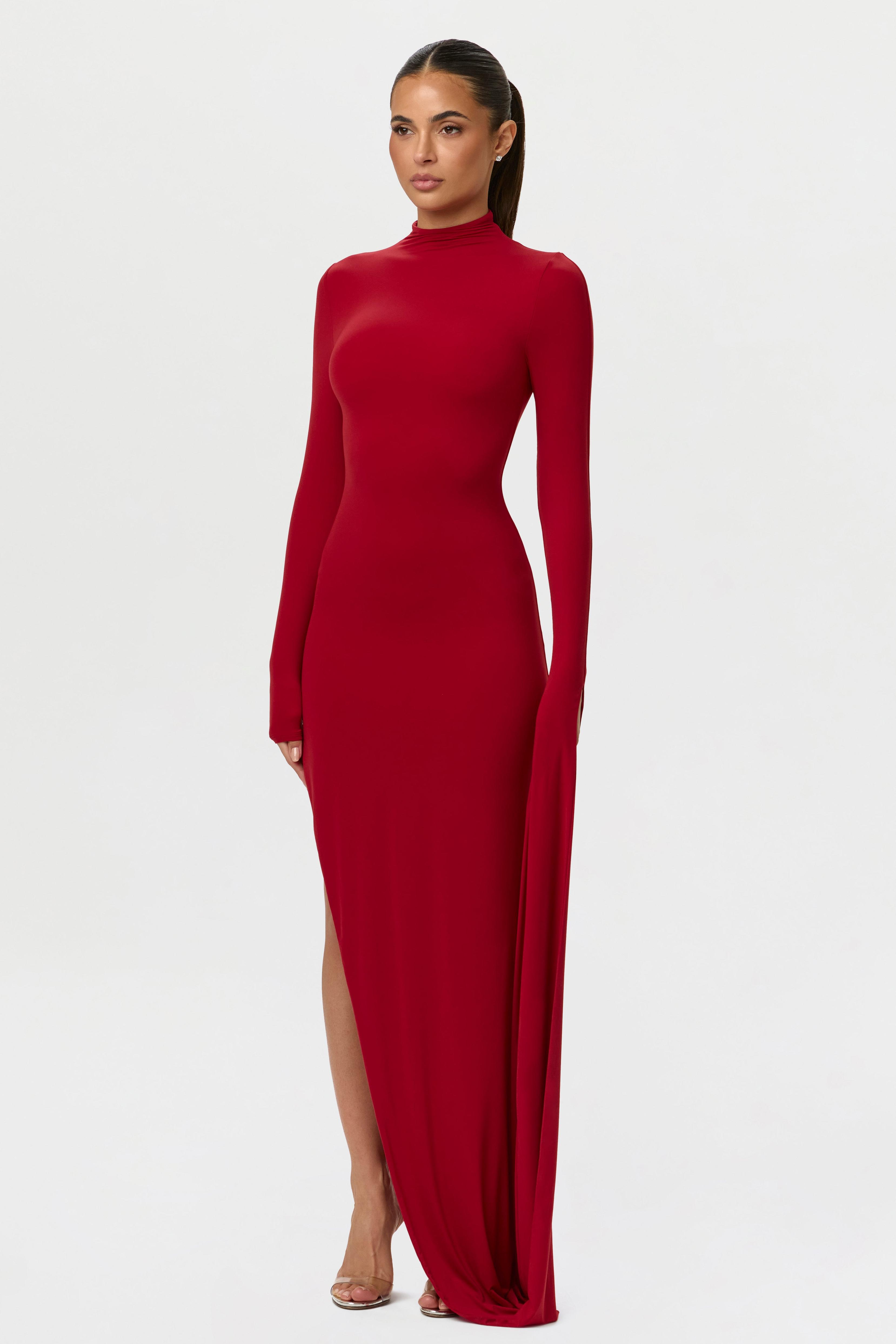 Solid High Neck Draped Sleeve Maxi Dress