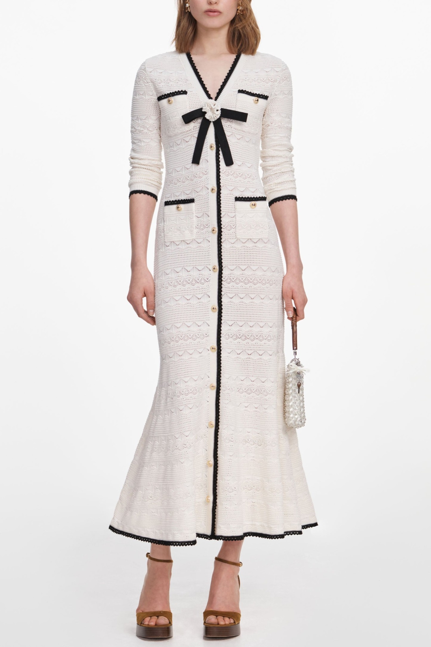Contrast Color Bow Detail Pointelle Midi Dress