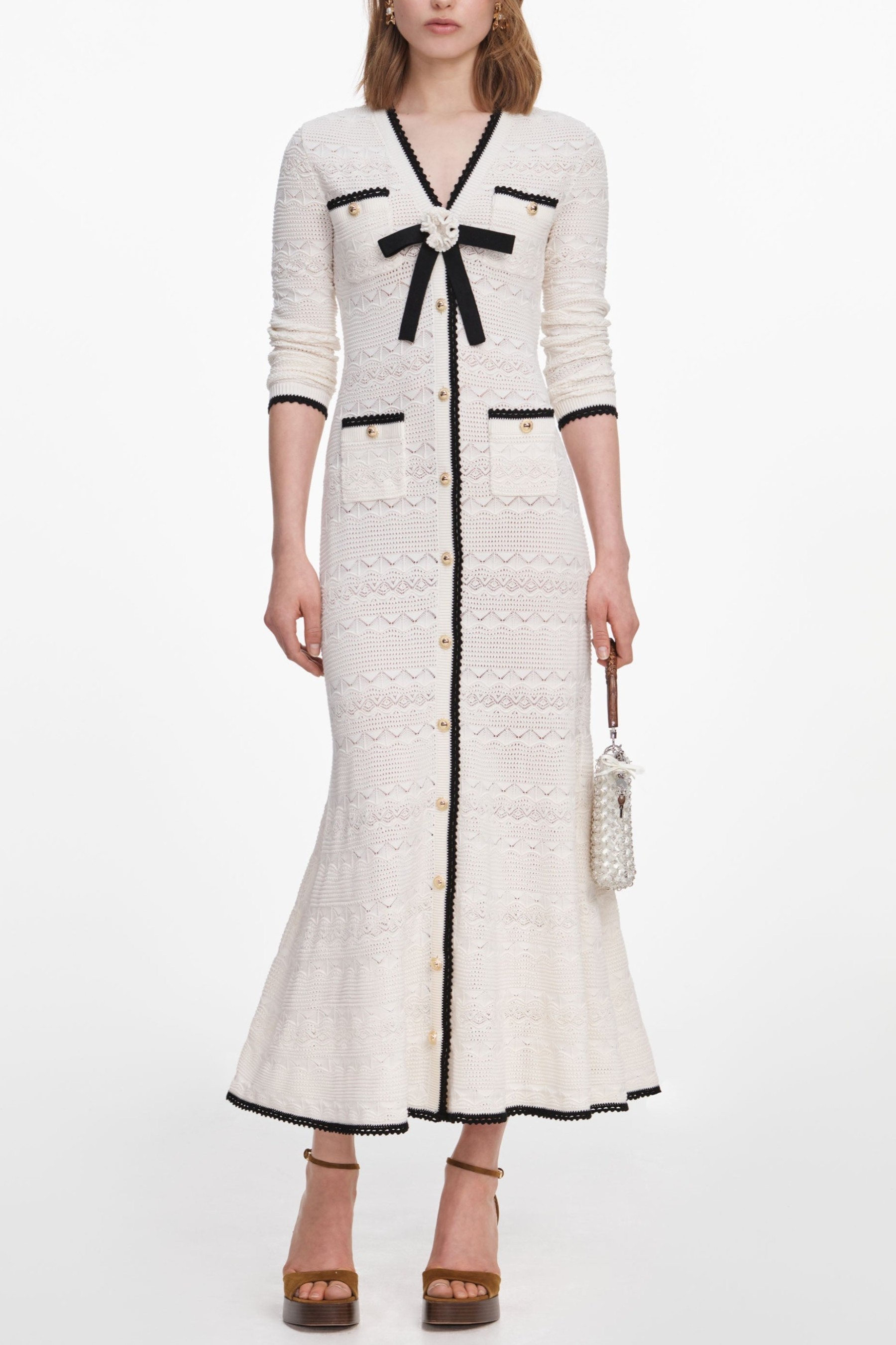 Contrast Color Bow Detail Pointelle Midi Dress