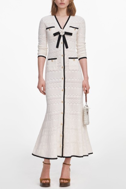 Contrast Color Bow Detail Pointelle Midi Dress