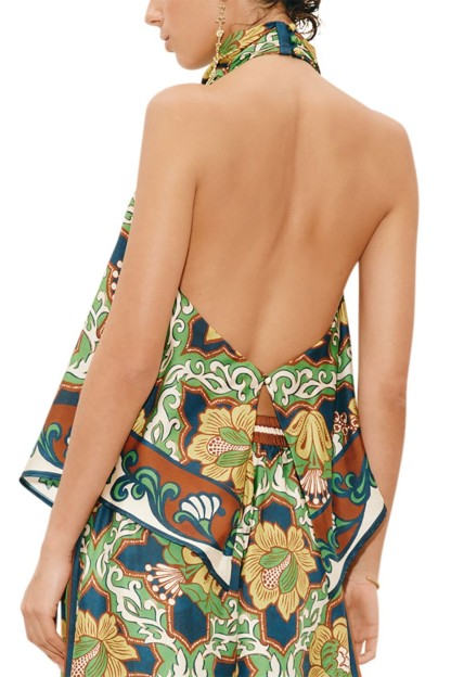 Halter Neck Stand Collar Top & High Waist  Pants Set