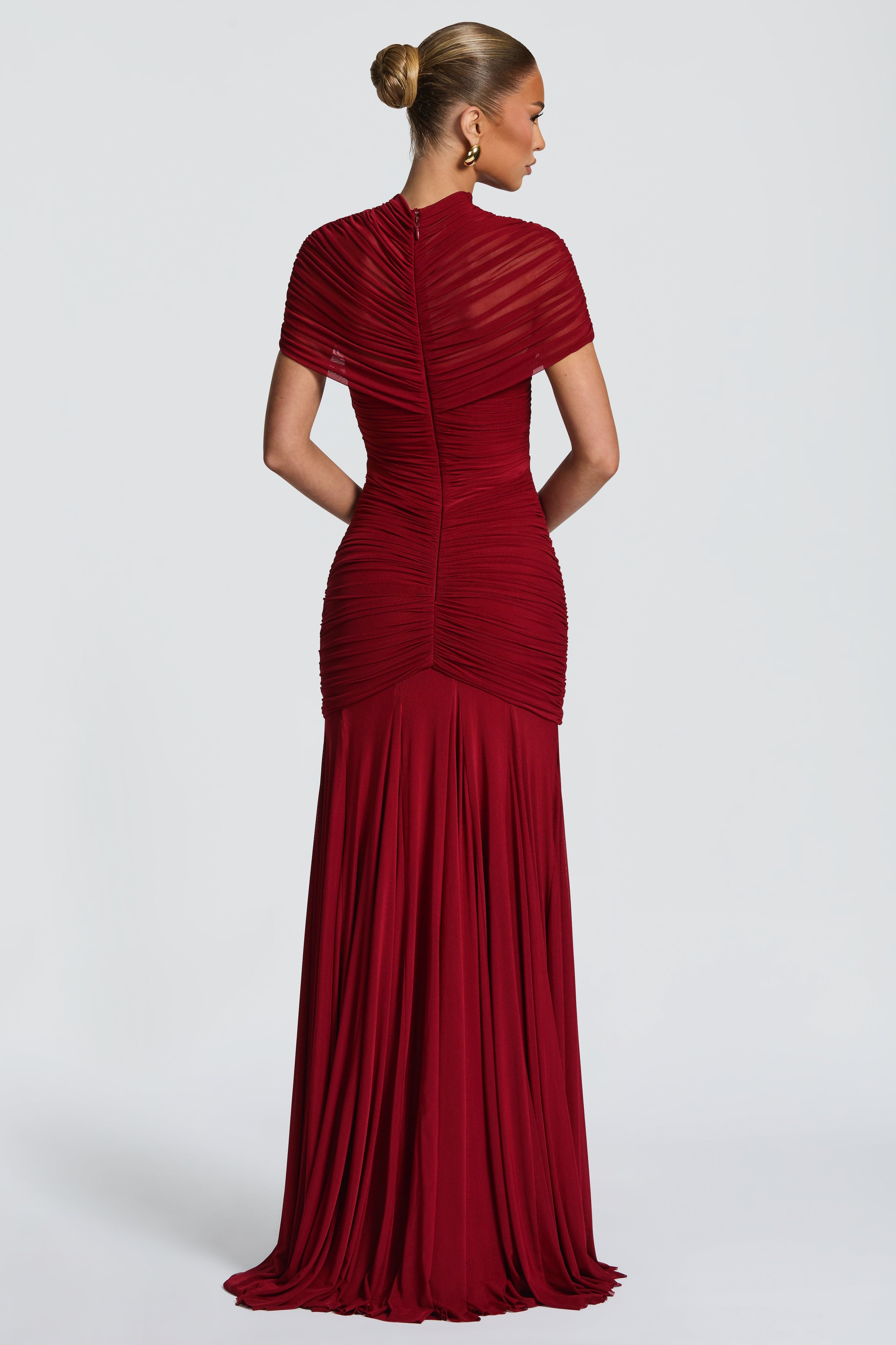 Mesh Cut-Out Gathering Maxi Dress