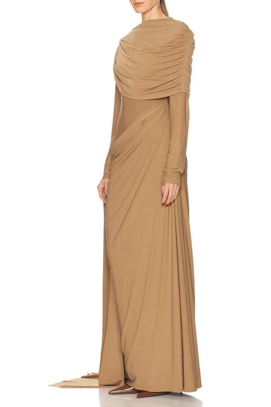 Asymmetrical Cape Sleeve Gathering Maxi Dress