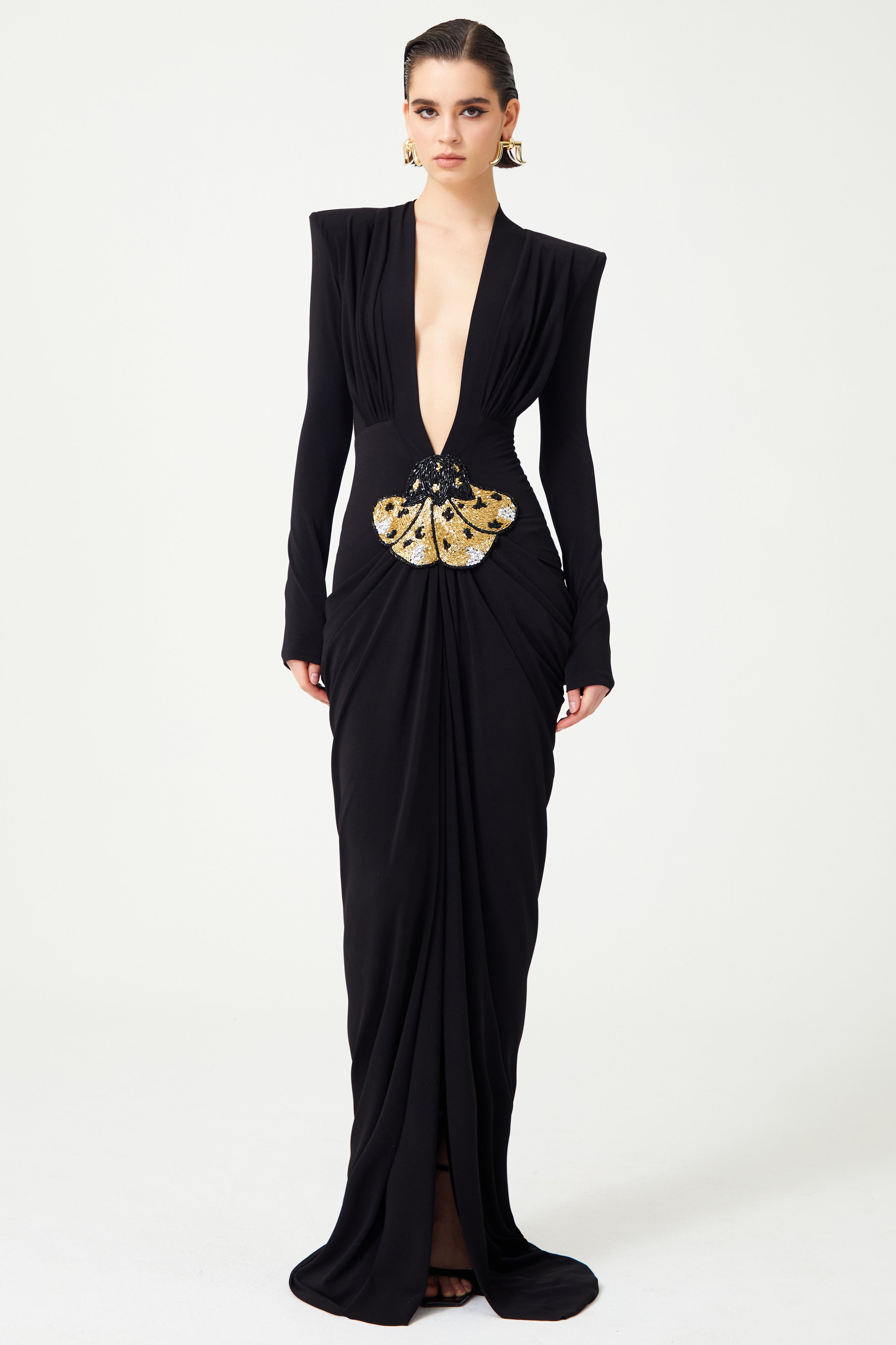 Beaded Embroidered Flower Gathering V-Neck Maxi Dress