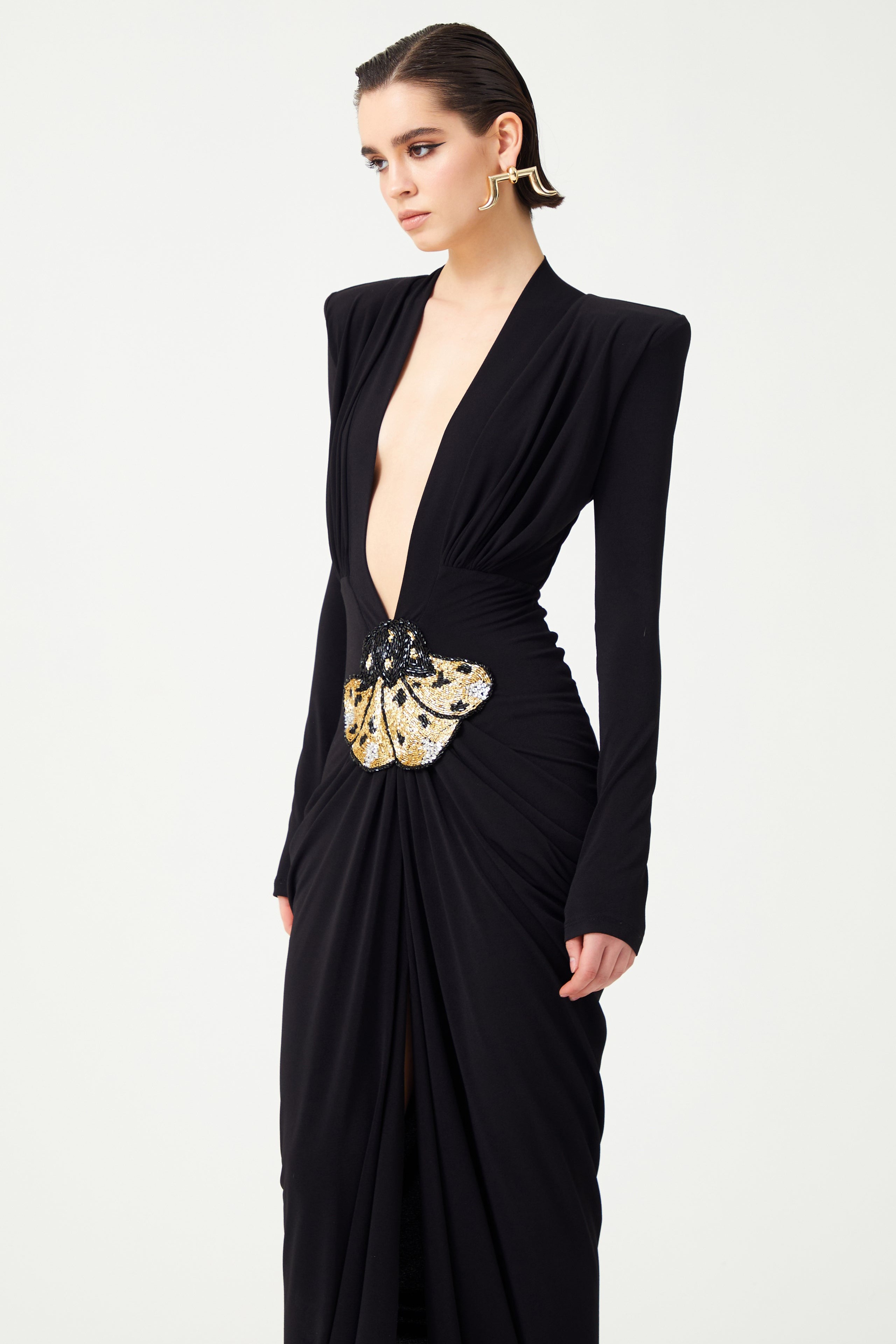 Beaded Embroidered Flower Gathering V-Neck Maxi Dress