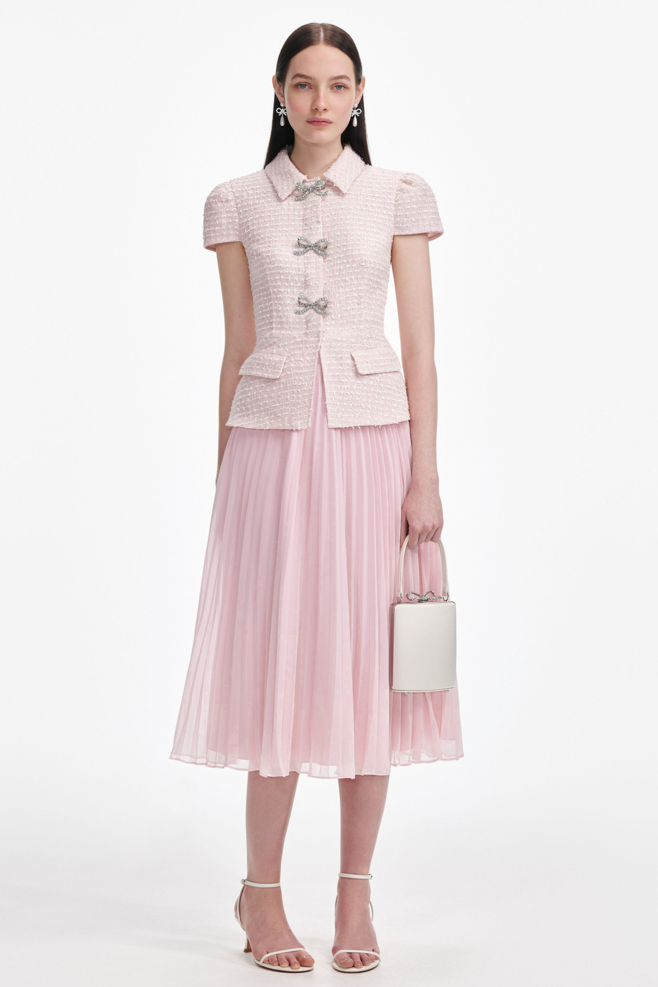 Bow Trim Top & High Waist Midi Skirt Set