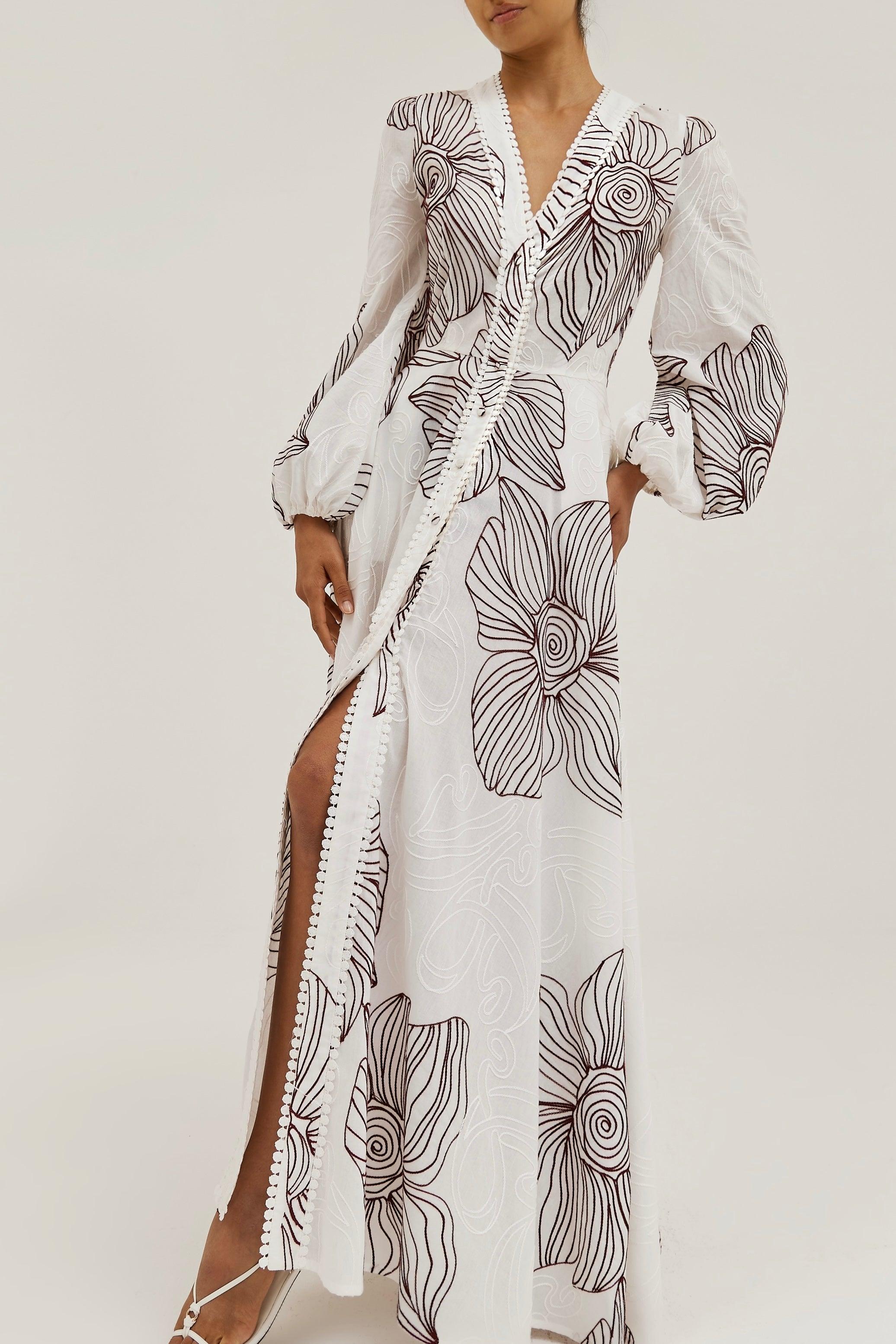 Embroidery Lace-Up V-Neck Midi Dress