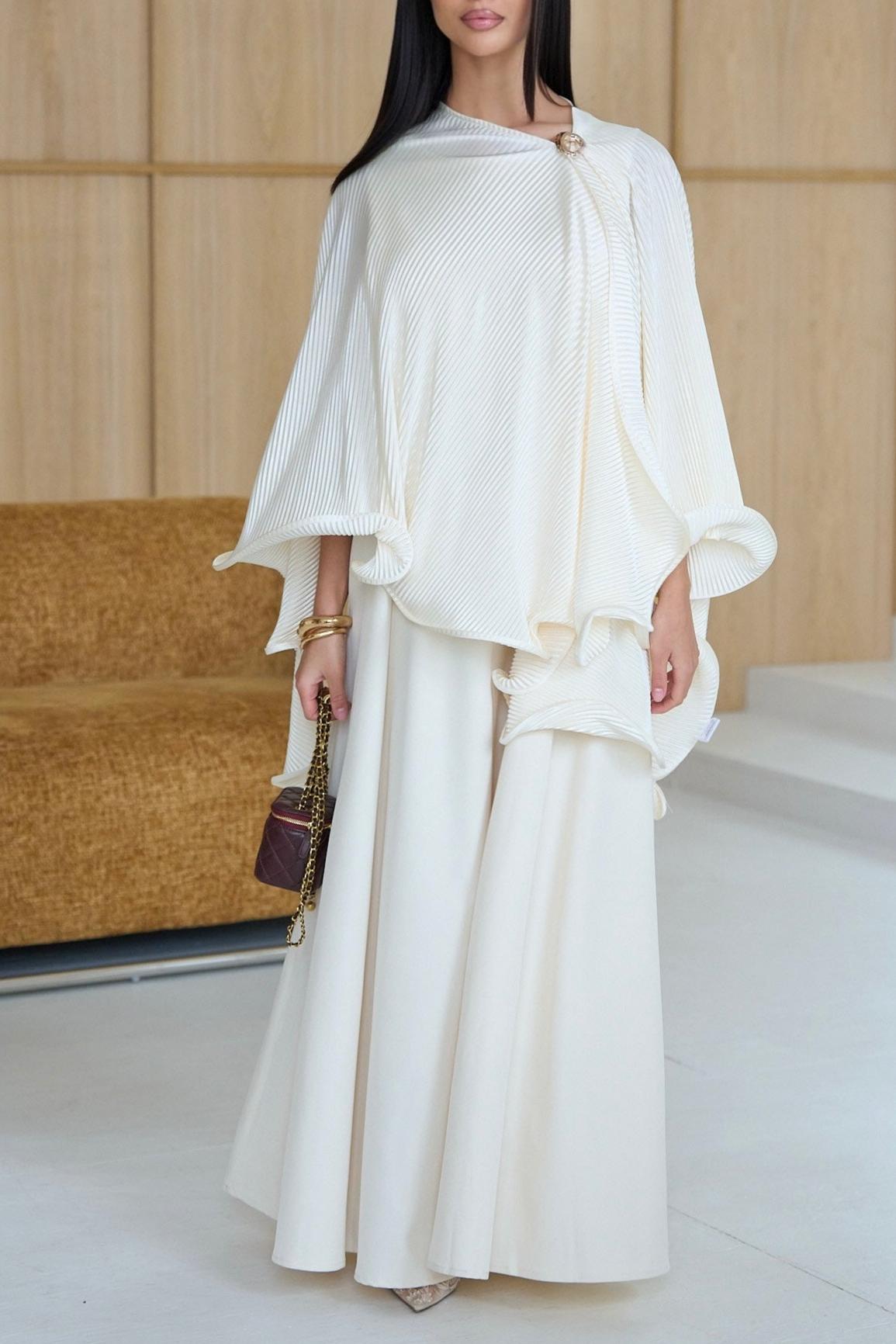 Pleated Metal Decorations Cape Top & Sleeveless Midi Dress Set