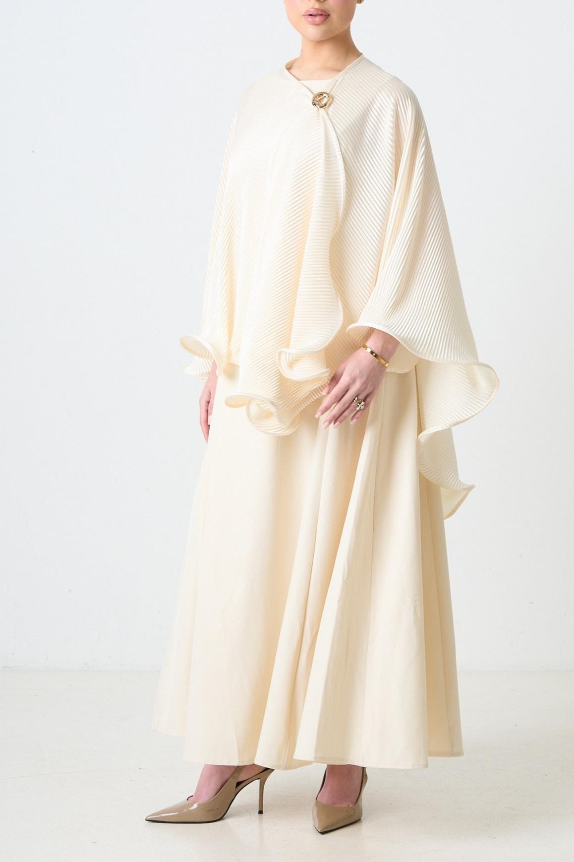 Pleated Metal Decorations Cape Top & Sleeveless Midi Dress Set