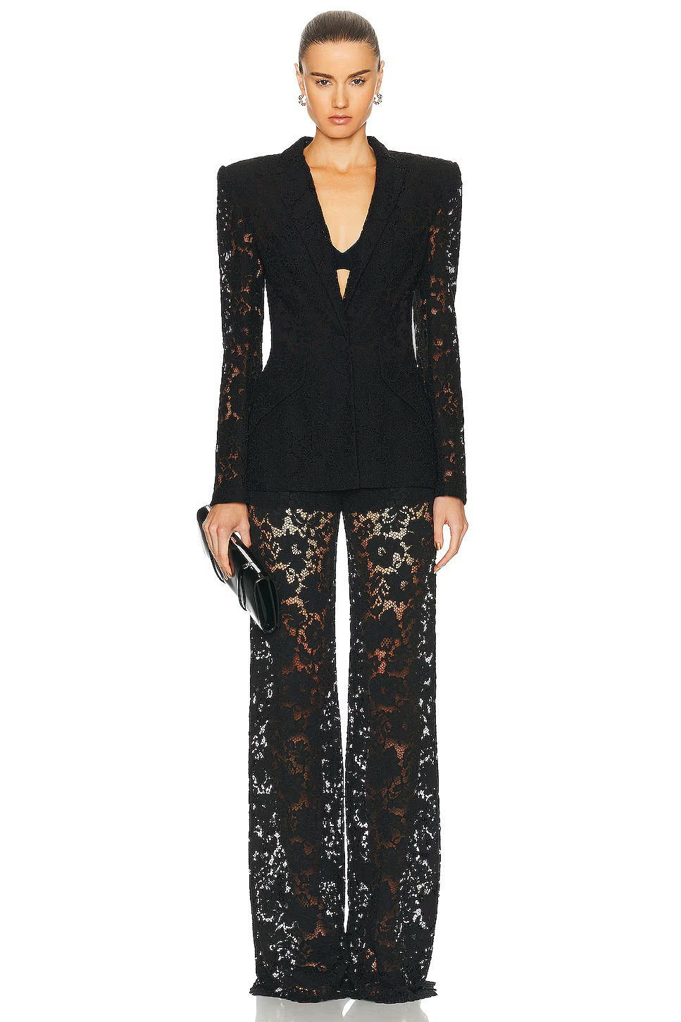 Lace Fitted Blazer & Flared High Waist Pants Set