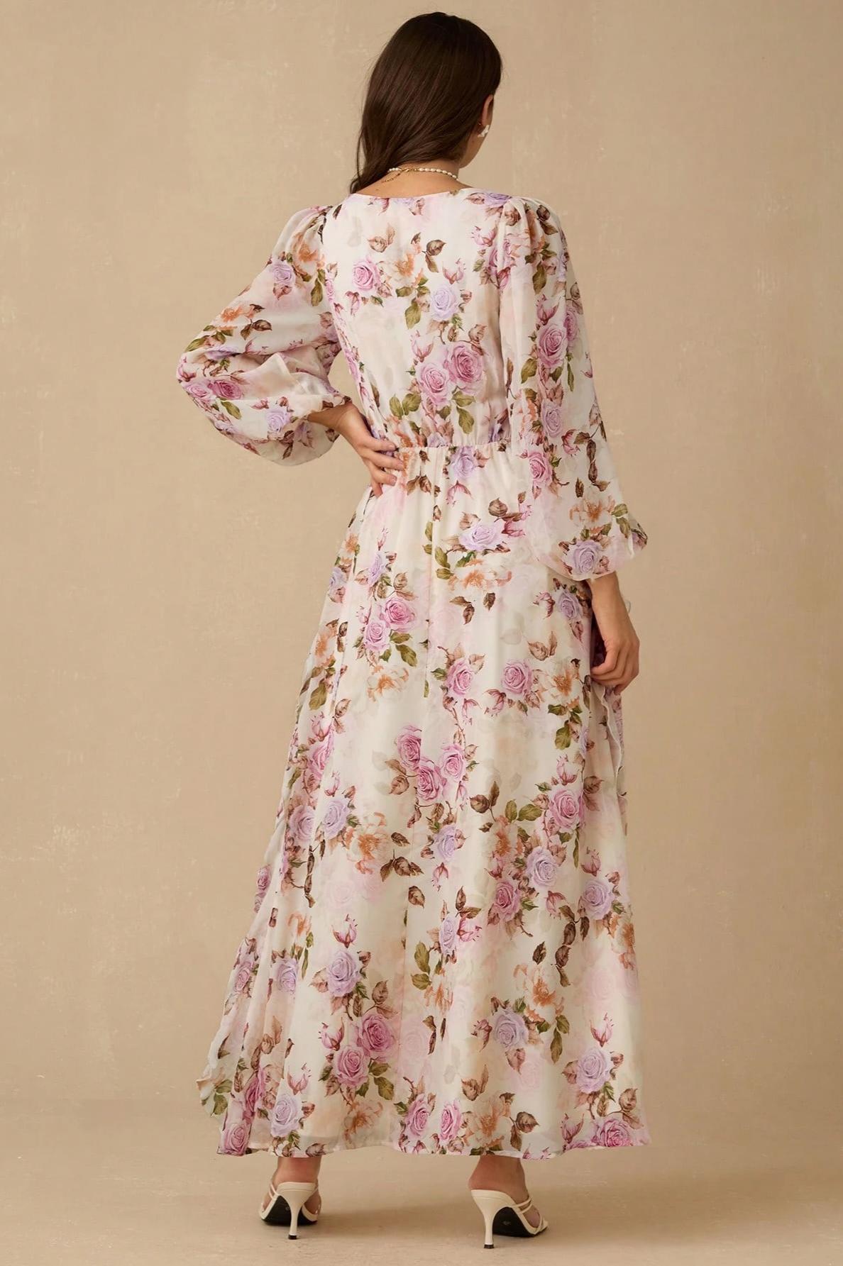 Floral Print Frill V-Neck Midi Dress