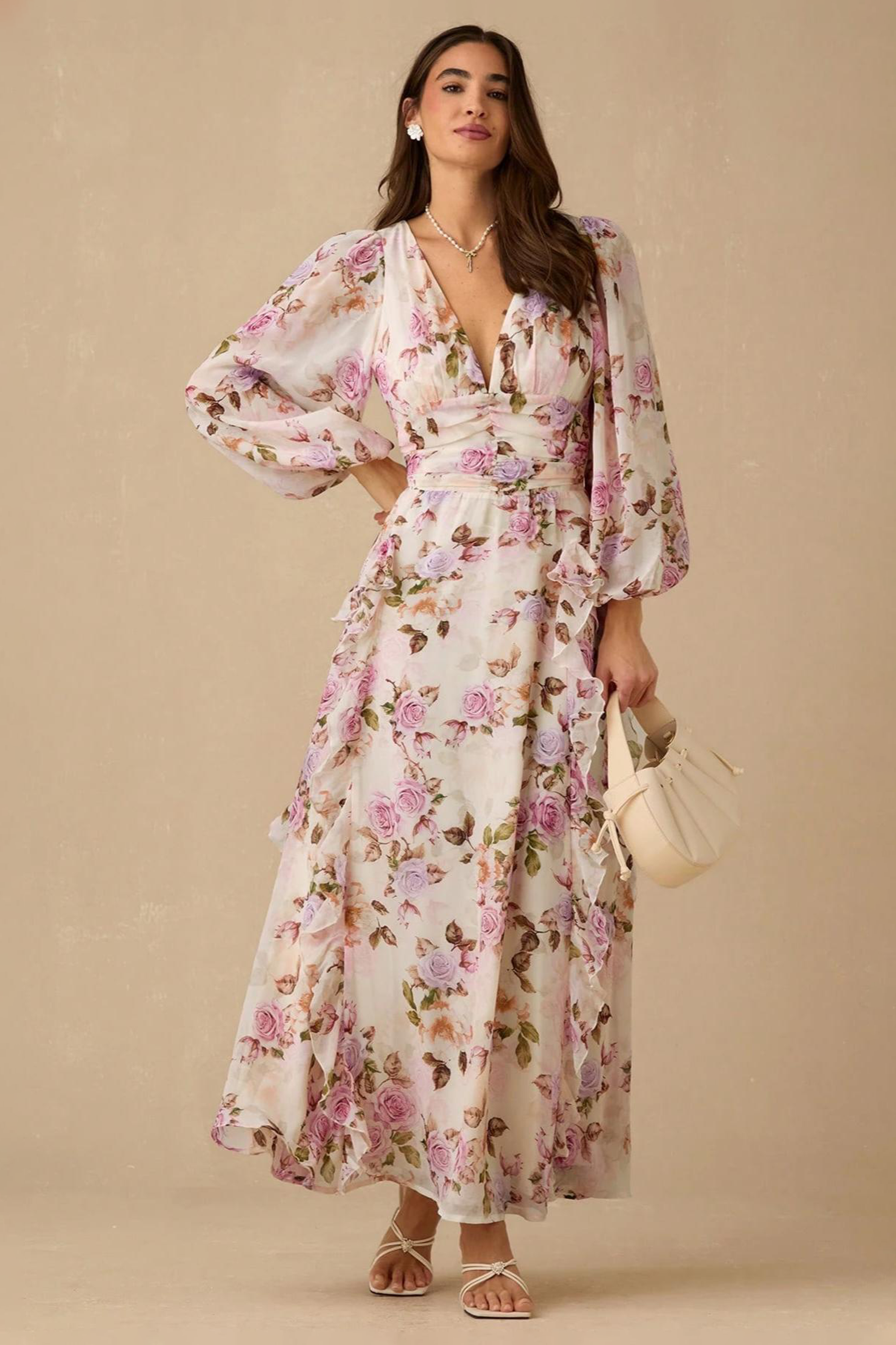 Floral Print Frill V-Neck Midi Dress
