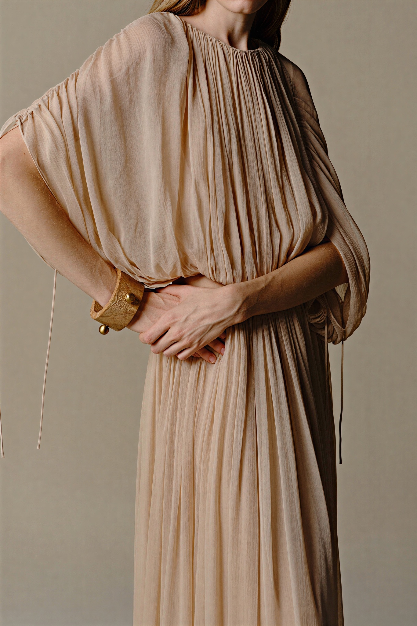 Shirring Lace-Up Batwing Sleeve Top & Mid Waist Midi Skirt Set