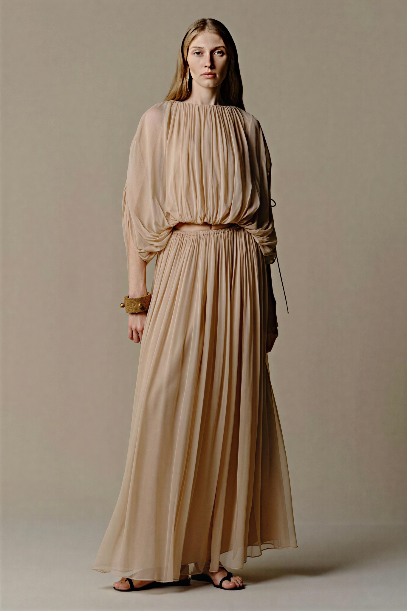 Shirring Lace-Up Batwing Sleeve Top & Mid Waist Midi Skirt Set