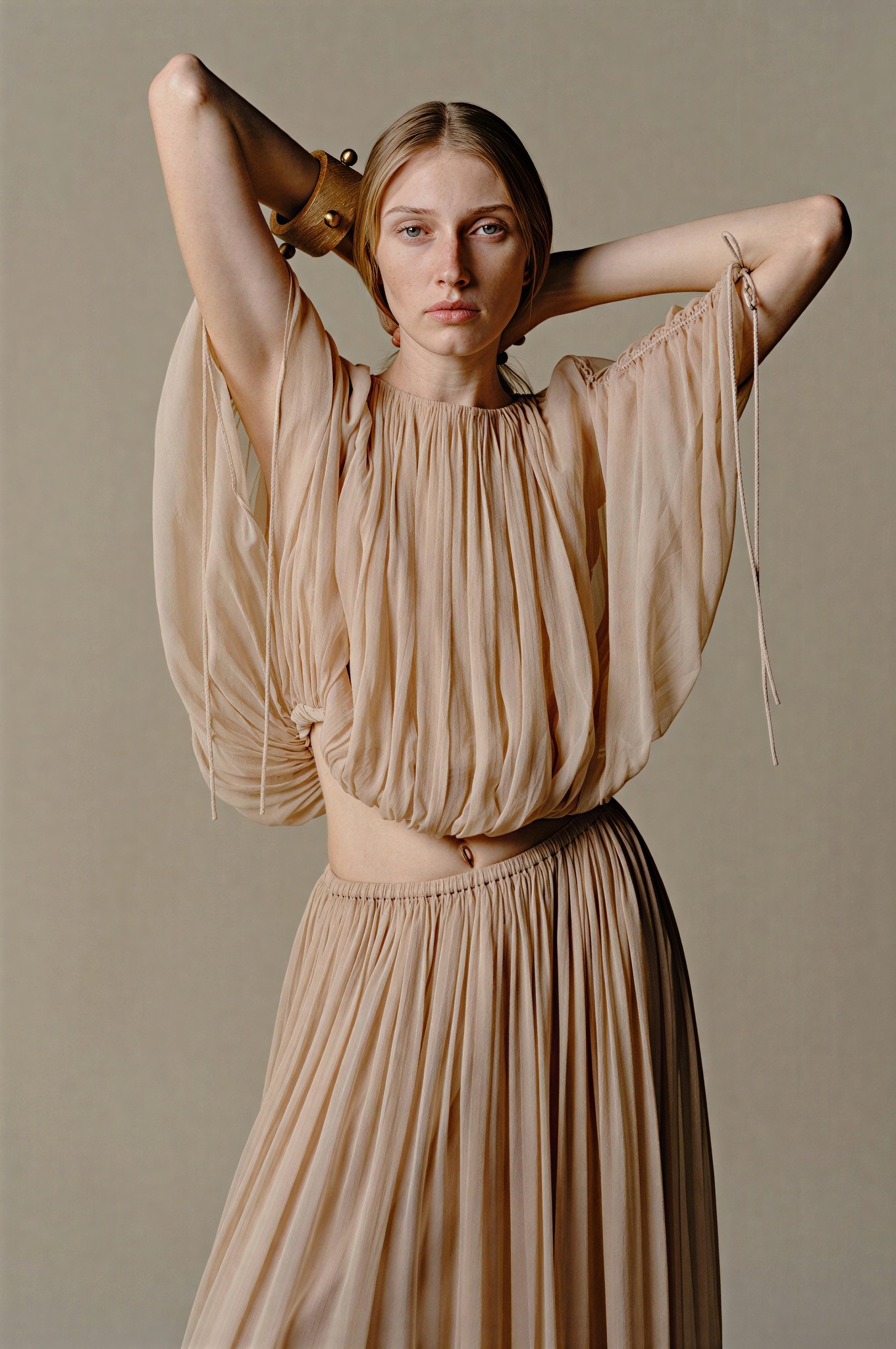 Shirring Lace-Up Batwing Sleeve Top & Mid Waist Midi Skirt Set
