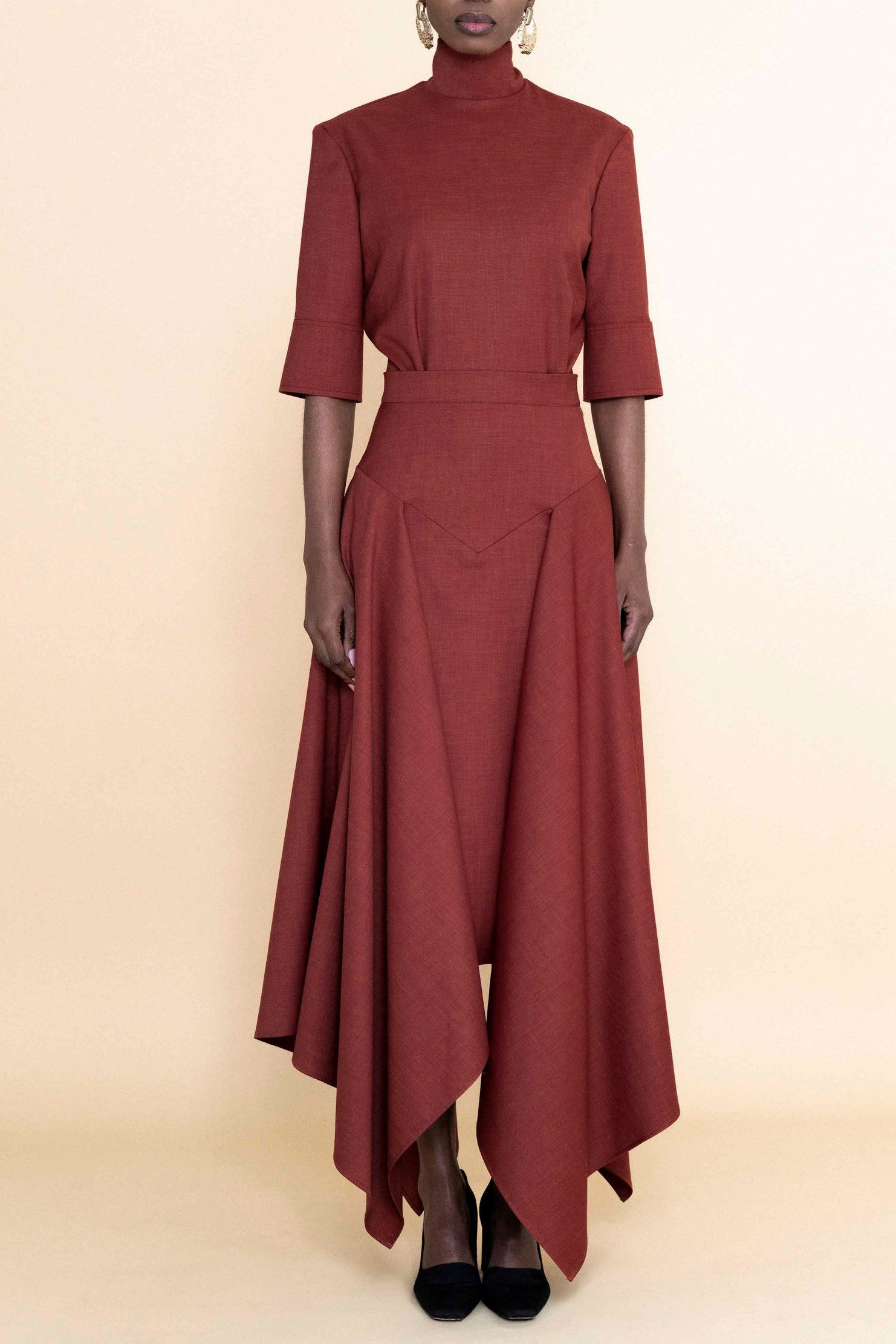 Solid High Neck Top & High Waist Midi Asymmetrical Hem Skirt Set
