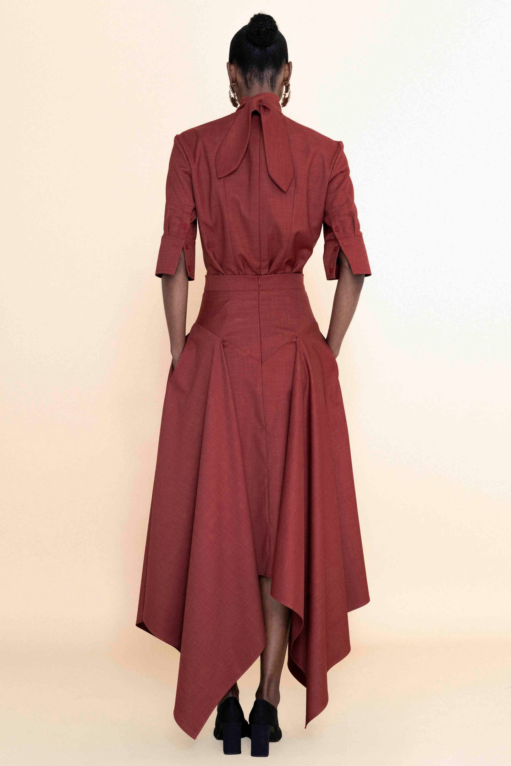 Solid High Neck Top & High Waist Midi Asymmetrical Hem Skirt Set
