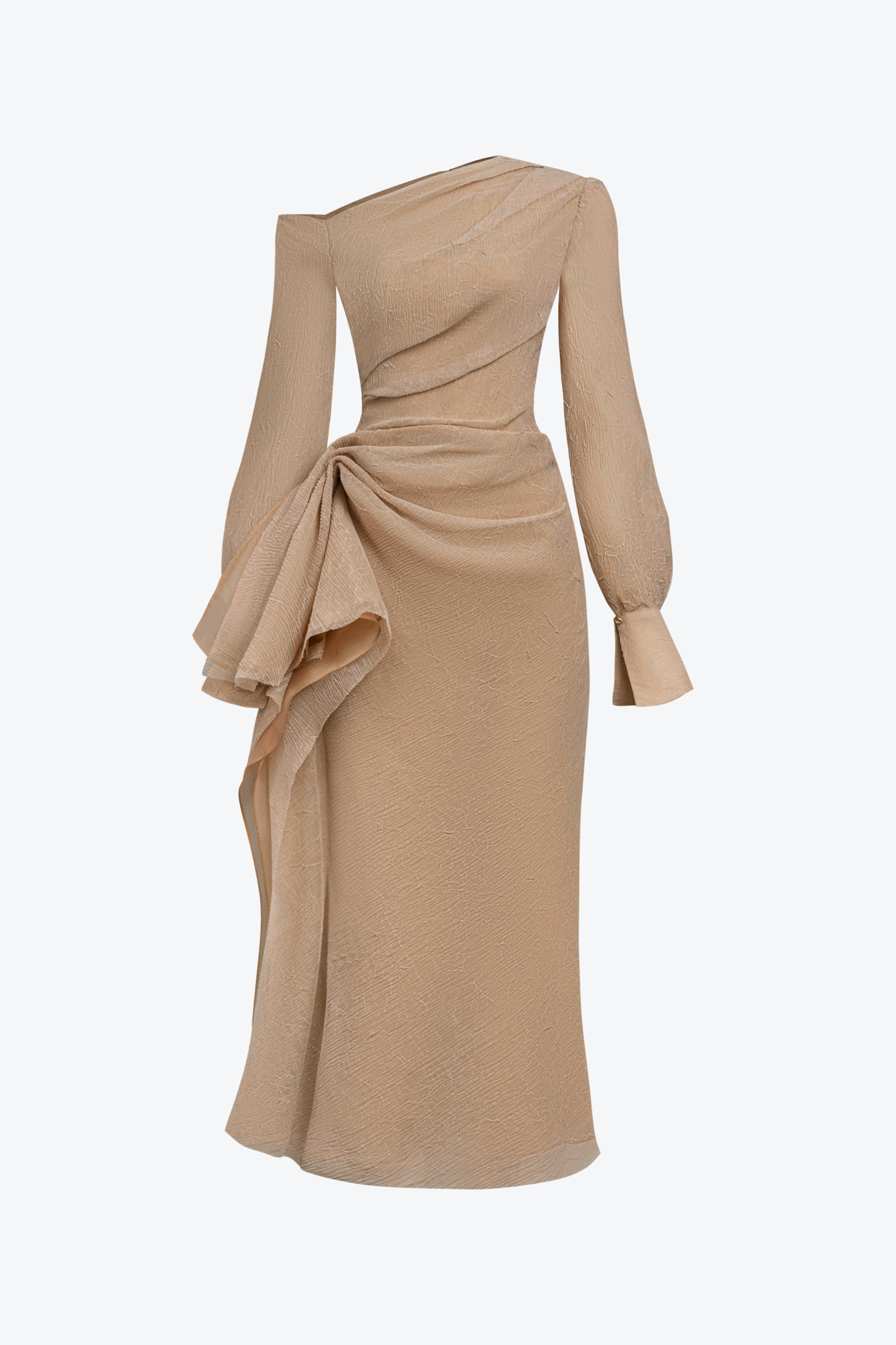 Skew Collar Gathering Long Sleeve Midi Dress
