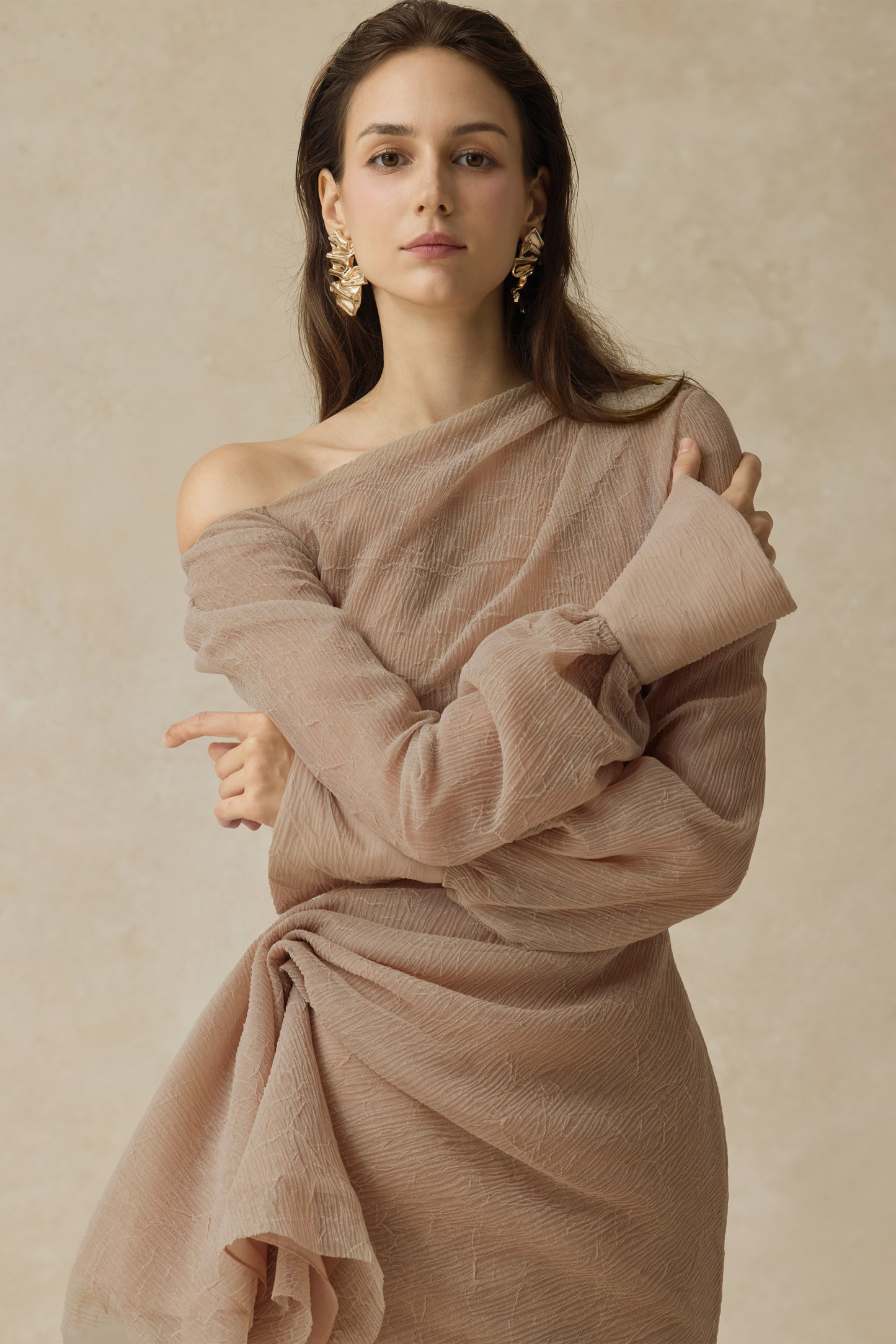Skew Collar Gathering Long Sleeve Midi Dress