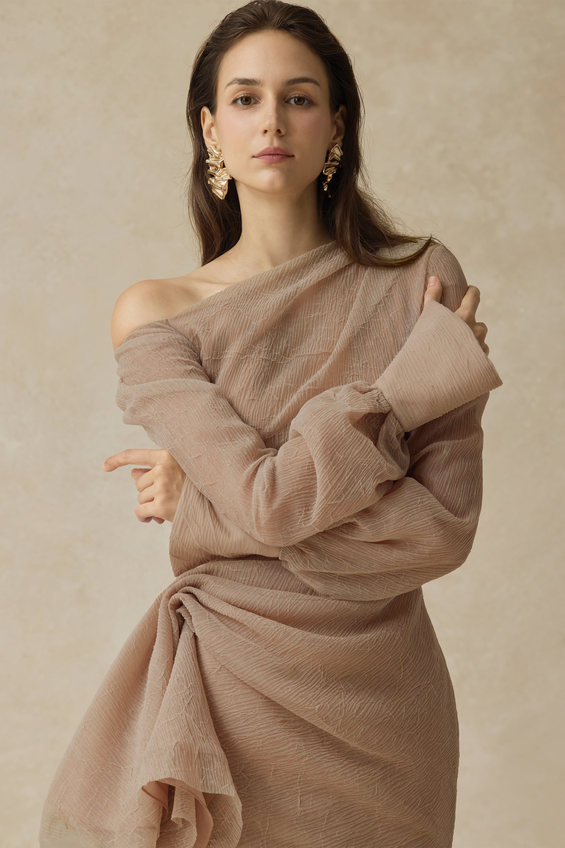 Skew Collar Gathering Long Sleeve Midi Dress