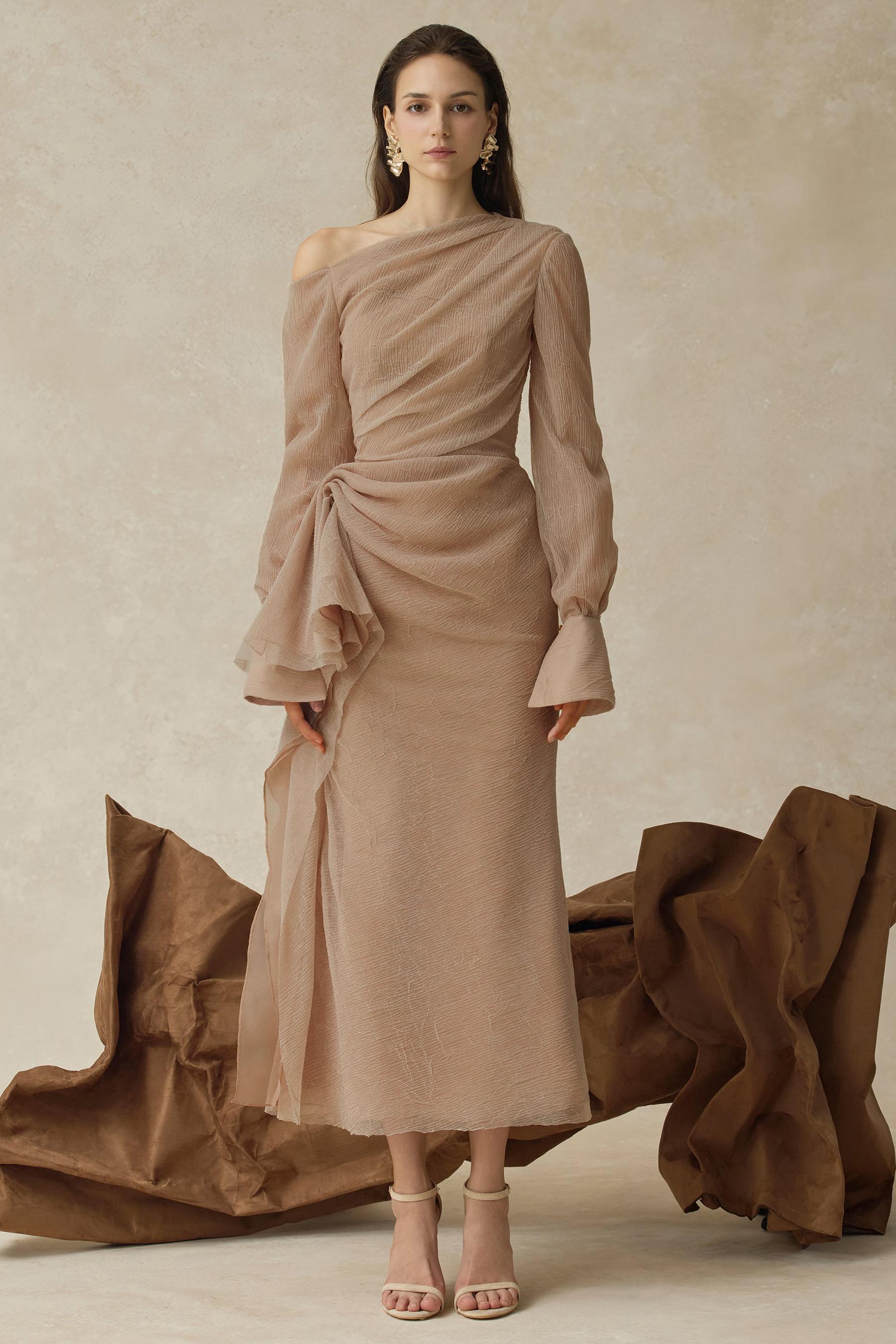 Skew Collar Gathering Long Sleeve Midi Dress