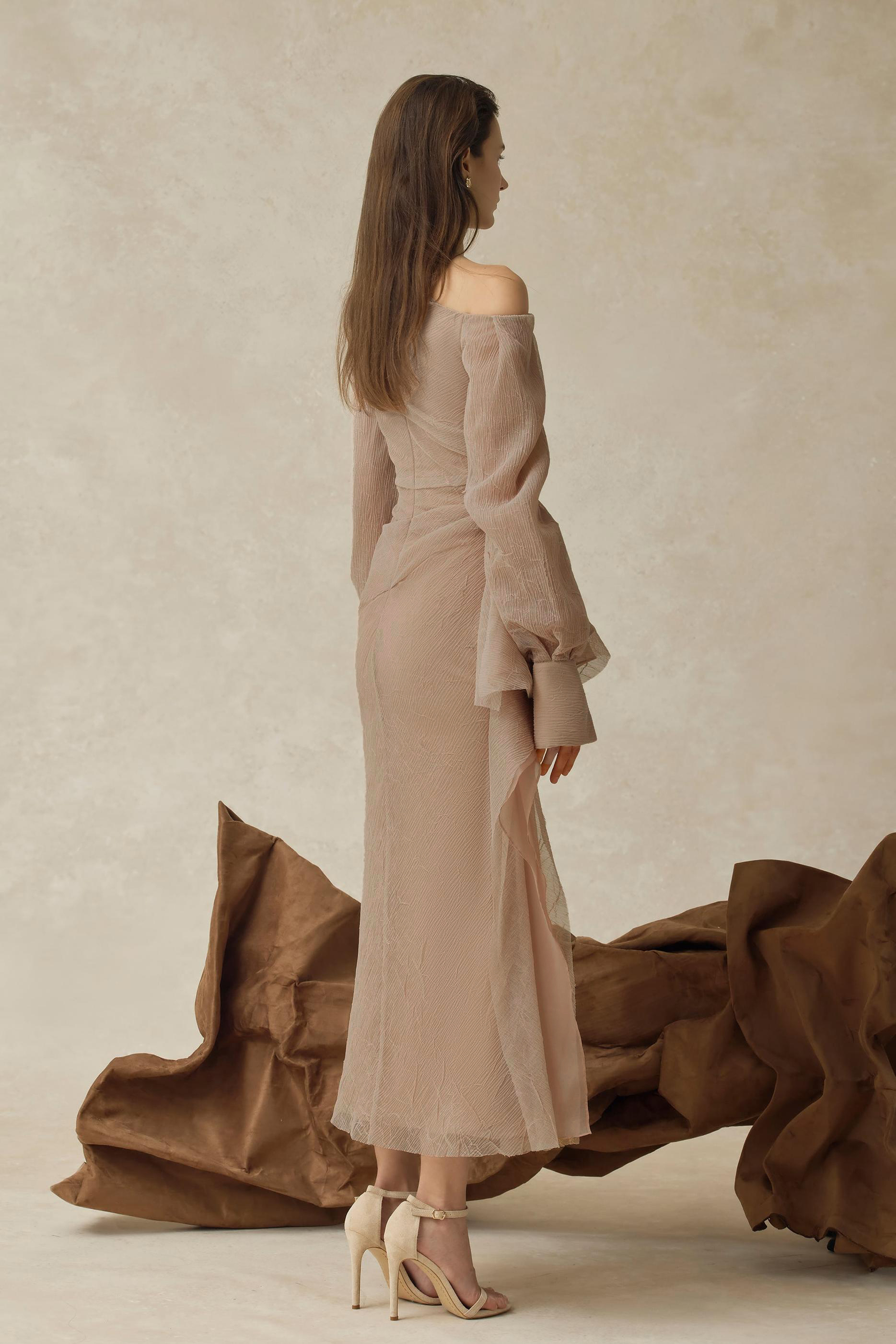 Skew Collar Gathering Long Sleeve Midi Dress