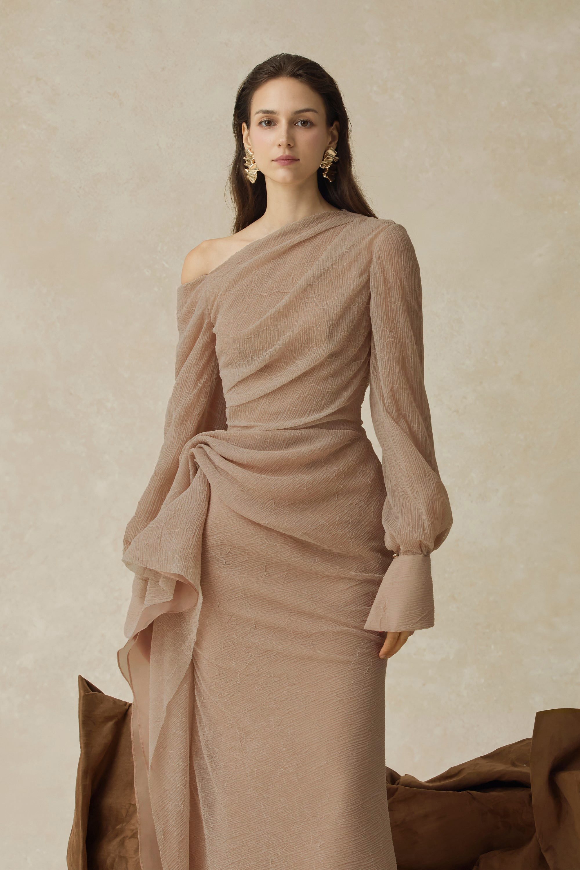 Skew Collar Gathering Long Sleeve Midi Dress