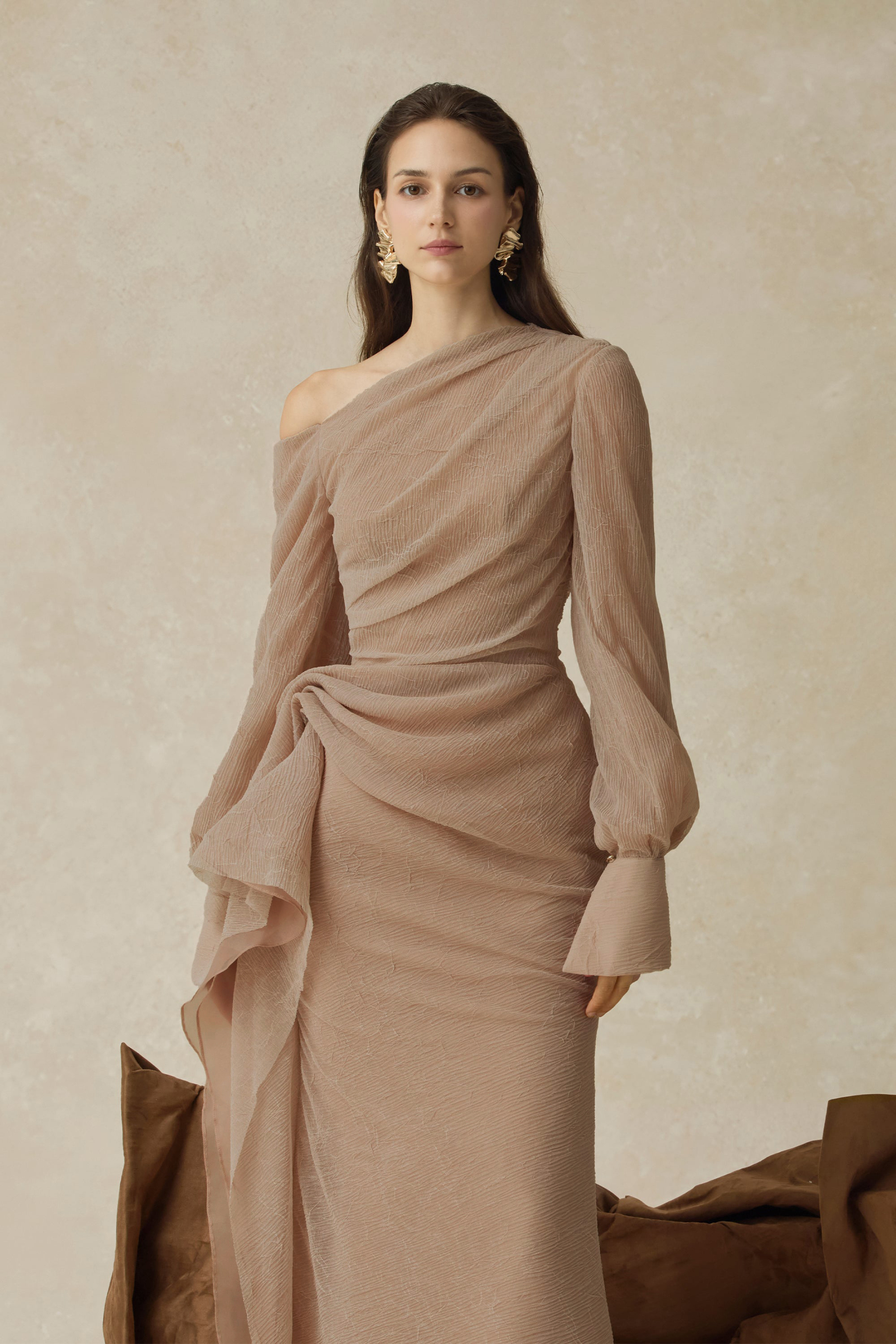 Skew Collar Gathering Long Sleeve Midi Dress