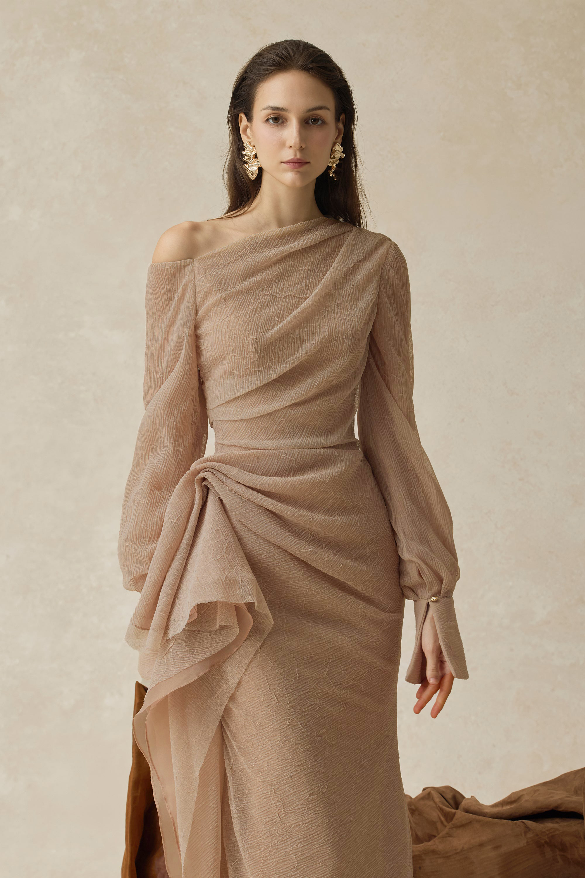 Skew Collar Gathering Long Sleeve Midi Dress