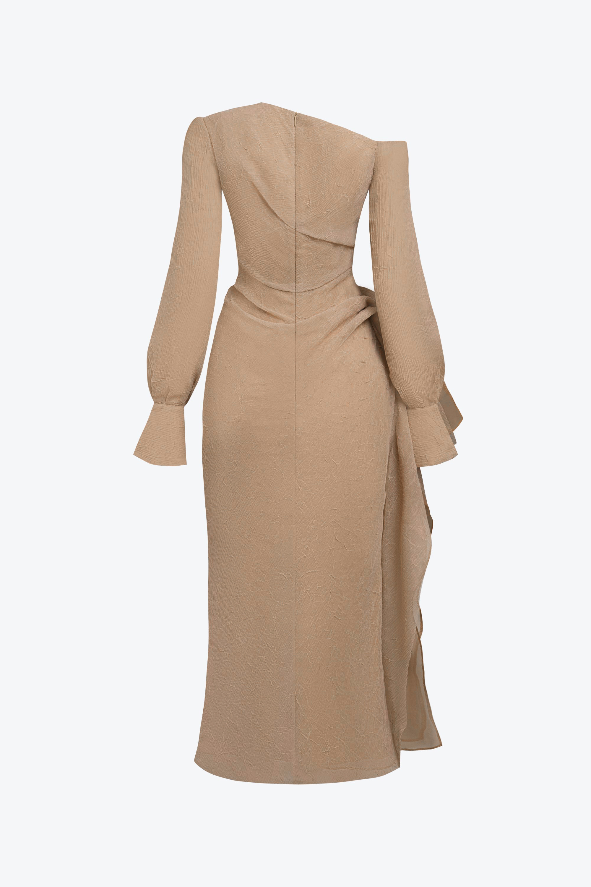 Skew Collar Gathering Long Sleeve Midi Dress