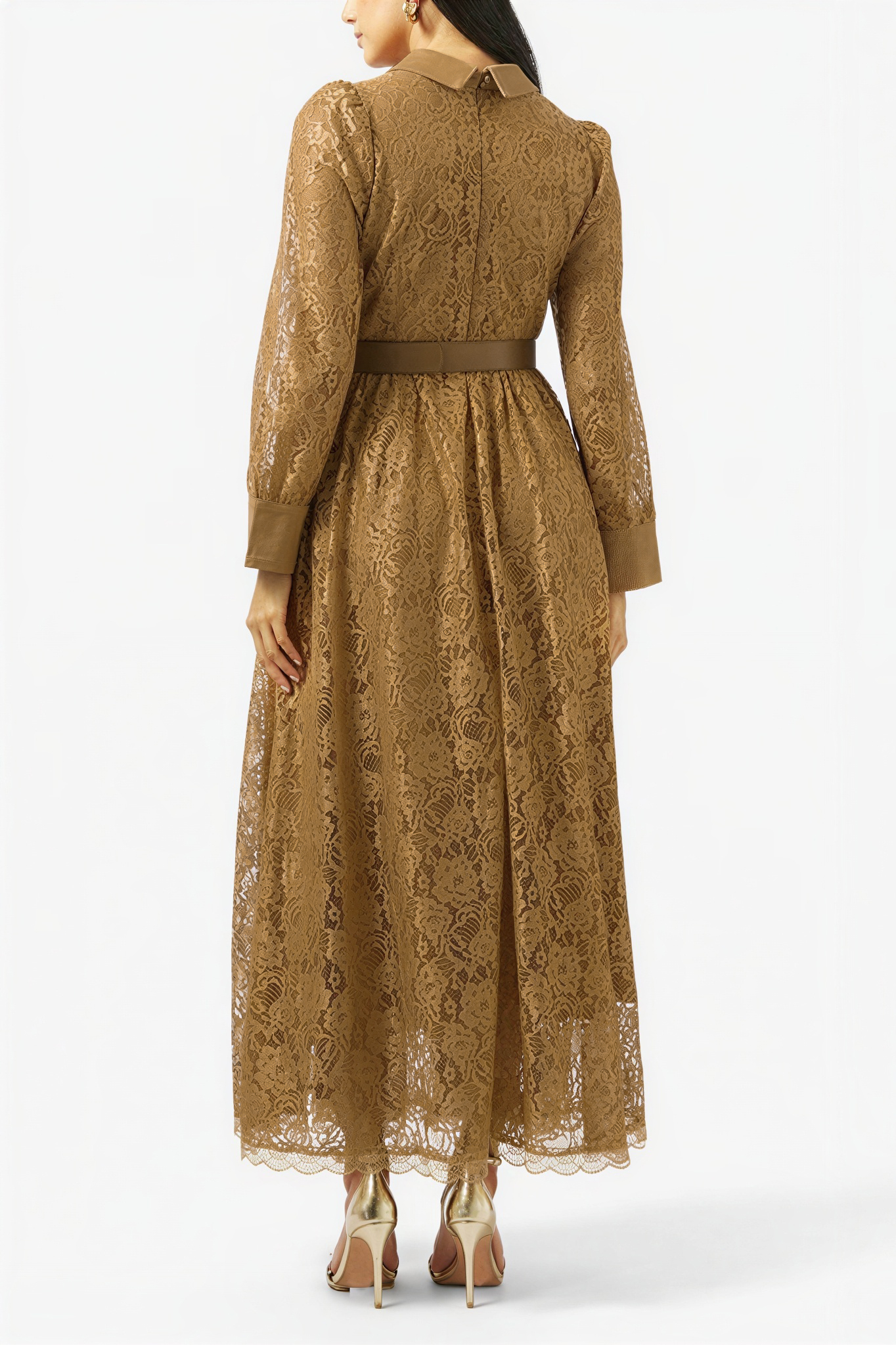 Lace Nail Bead Embroidery Pleated Midi Dress With Belt