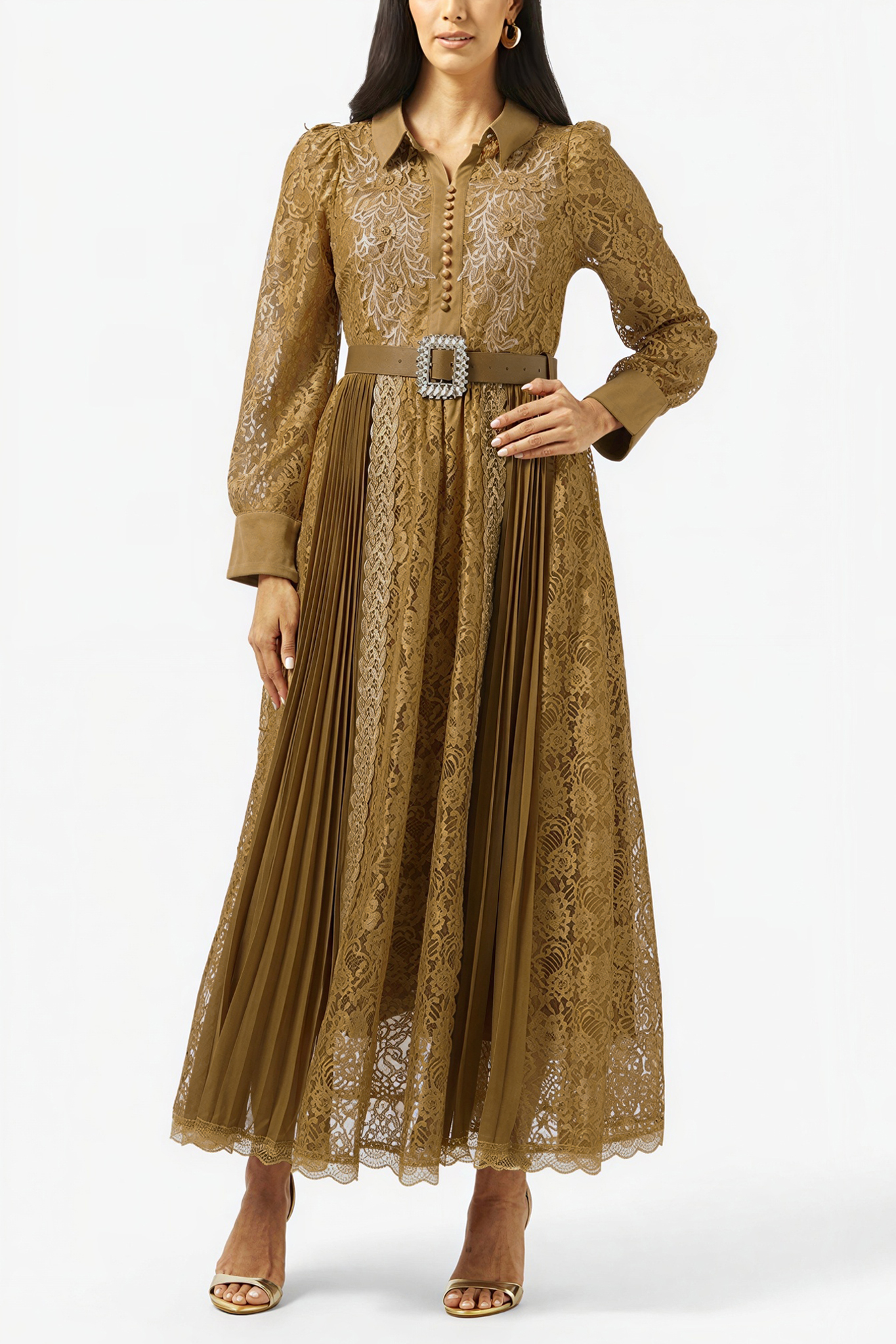 Lace Nail Bead Embroidery Pleated Midi Dress With Belt
