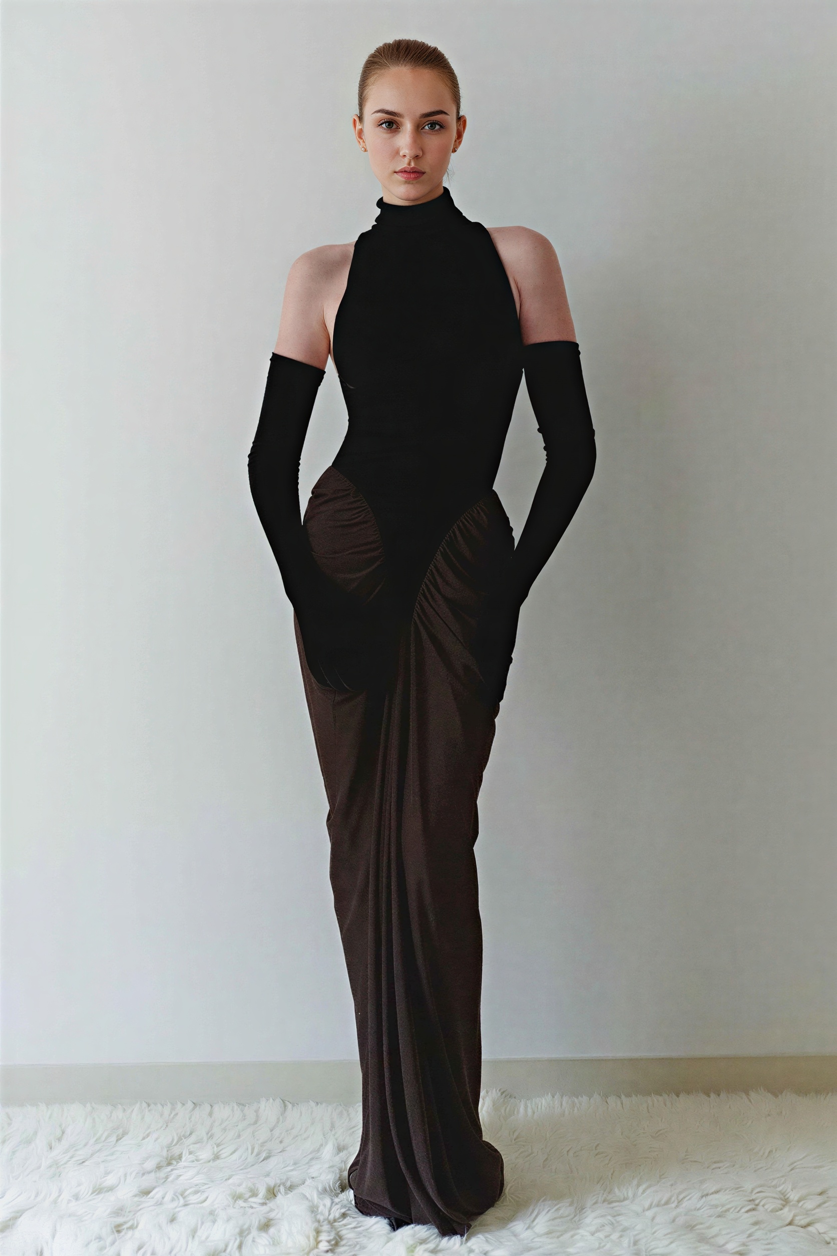 Velvet Splicing Gathering Maxi Dress With Gloves