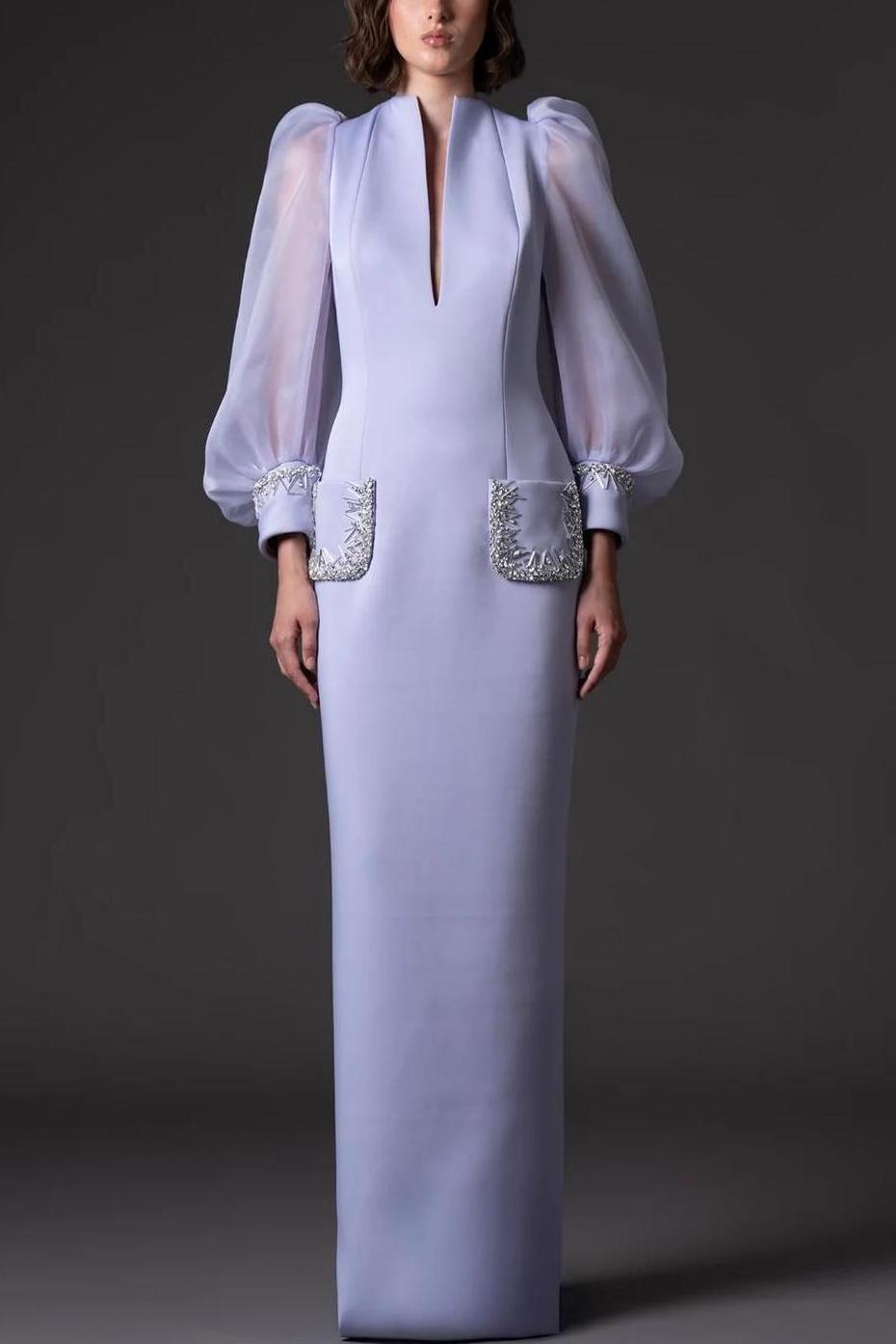 Rhinestone Rivets Puff Sleeve Maxi Dress