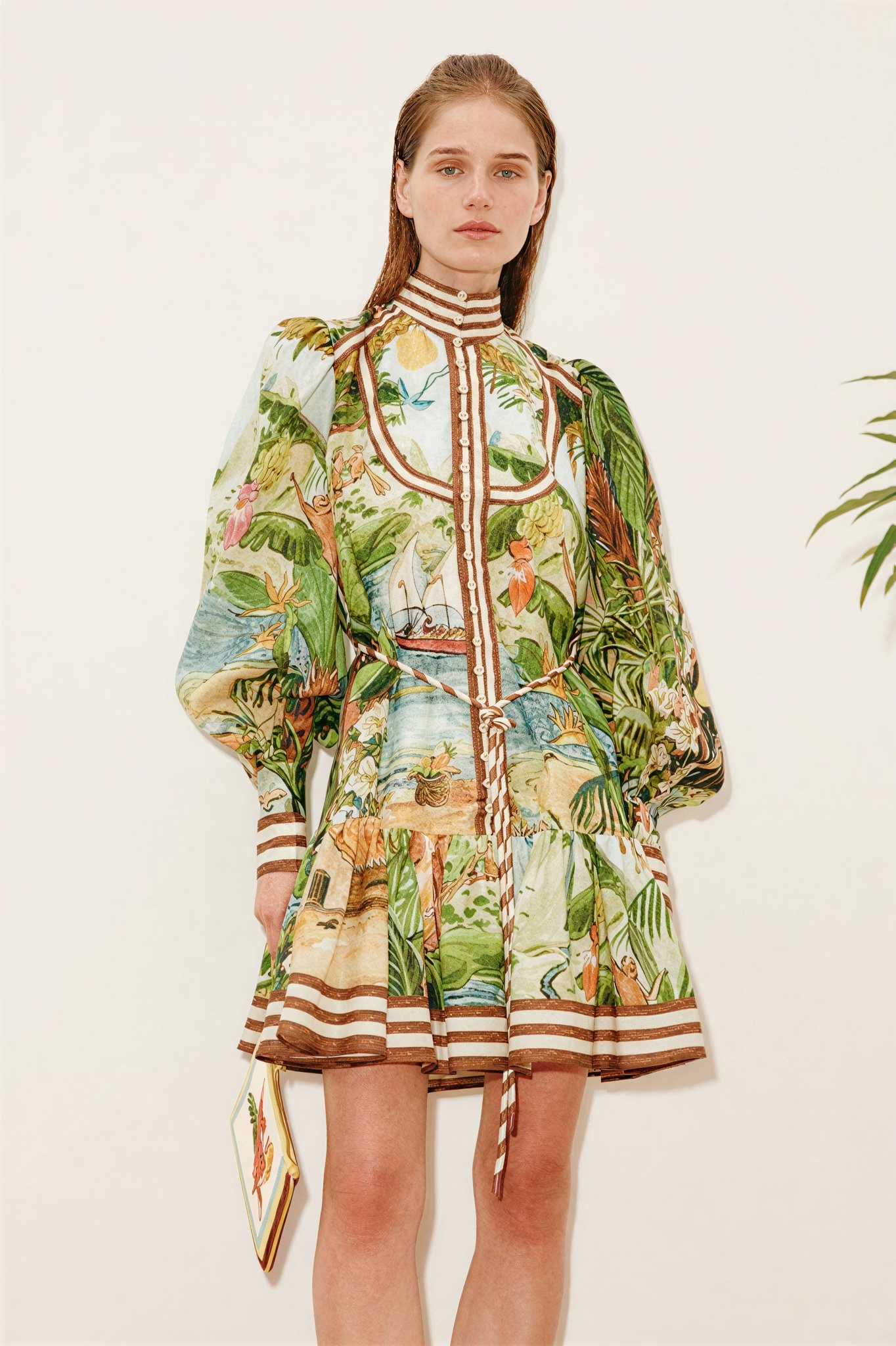 Tropical Print Lantern Sleeve Mini Dress With Belt